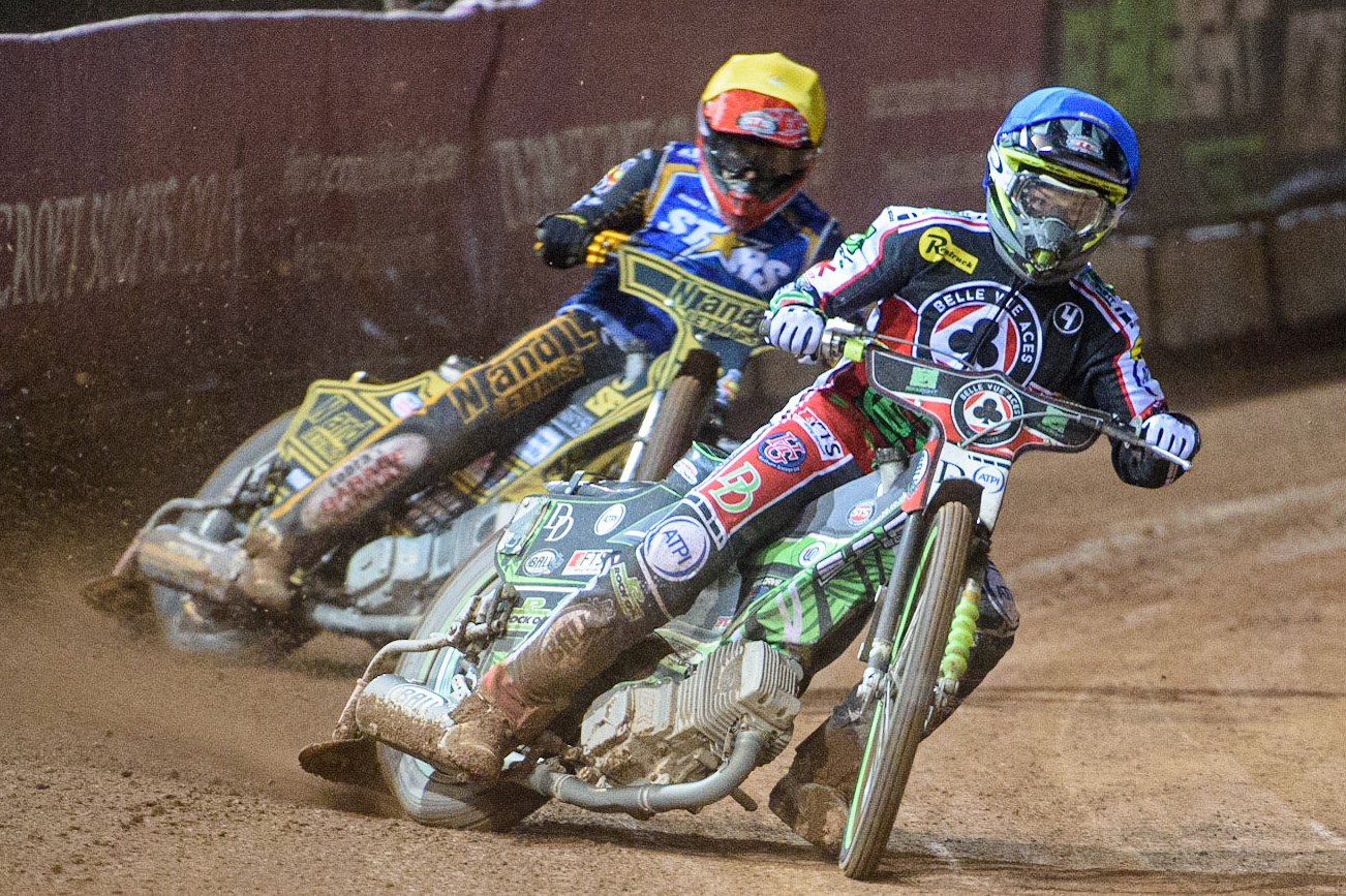 MANCHESTER, UK. SEPT 13TH  Charles Wright  (Blue) leads Ben Barker  (Yellow)  during the SGB Premiership match between Belle Vue Aces and King's Lynn Stars at the National Speedway Stadium, Manchester on Monday 13th September 2021. (Credit: Ian Charles | MI News)