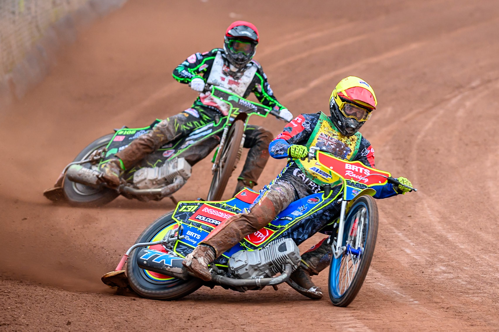 Tate Zischke of Australia in Yellow leading Villads Nagel of Denmark in Red during the FIM SGP2 Qualifying Round at the Peugeot Ashfield Stadium in Glasgow on Saturday 24th May 2025. (Photo: Ian Charles | MI News)