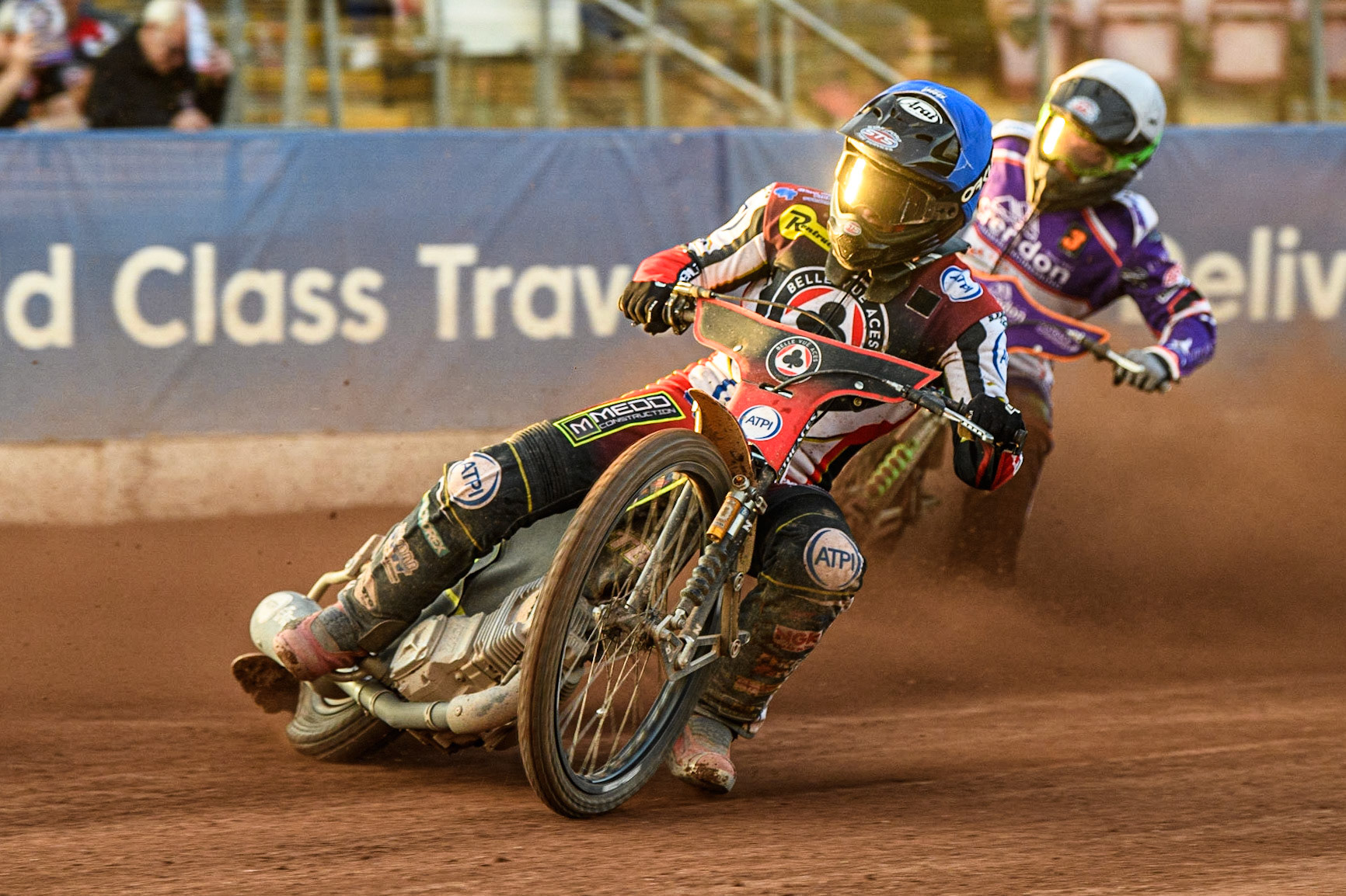 Tom Brennan (Blue) inside Benjamin Basso (White) during the Sports Insure Premiership match between Belle Vue Aces and Peterborough at the National Speedway Stadium, Manchester on Monday 19th June 2023. (Photo: Ian Charles | MI News)