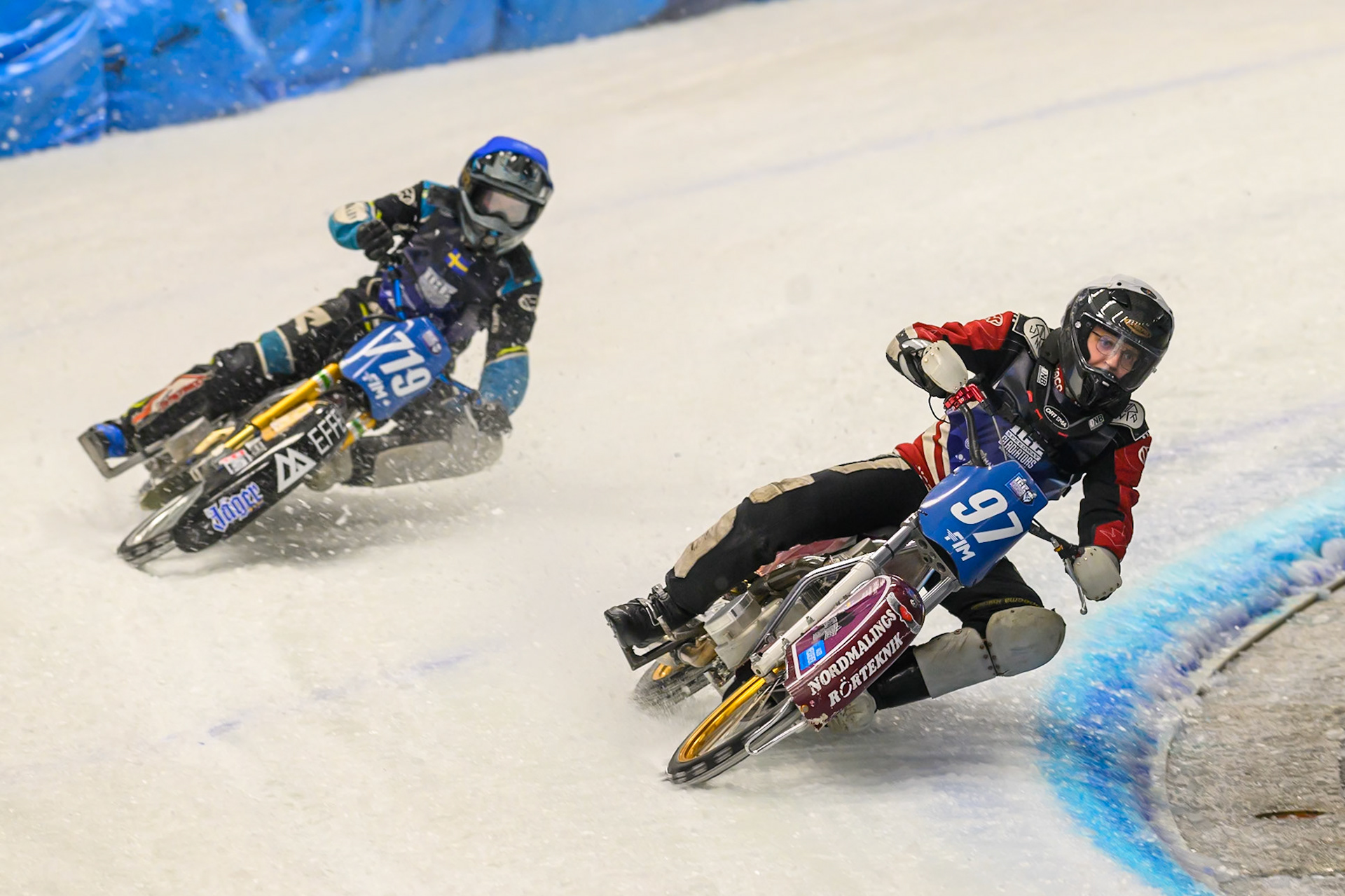 Ove Ledström (97) of Sweden  in White leading Filip Jäger (719) of Sweden  in Blue during the Ice Speedway Gladiators World Championship Final 1 at Max-Aicher-Arena, Inzell on Saturday 14th March 2026. (Photo: Ian Charles | MI News)