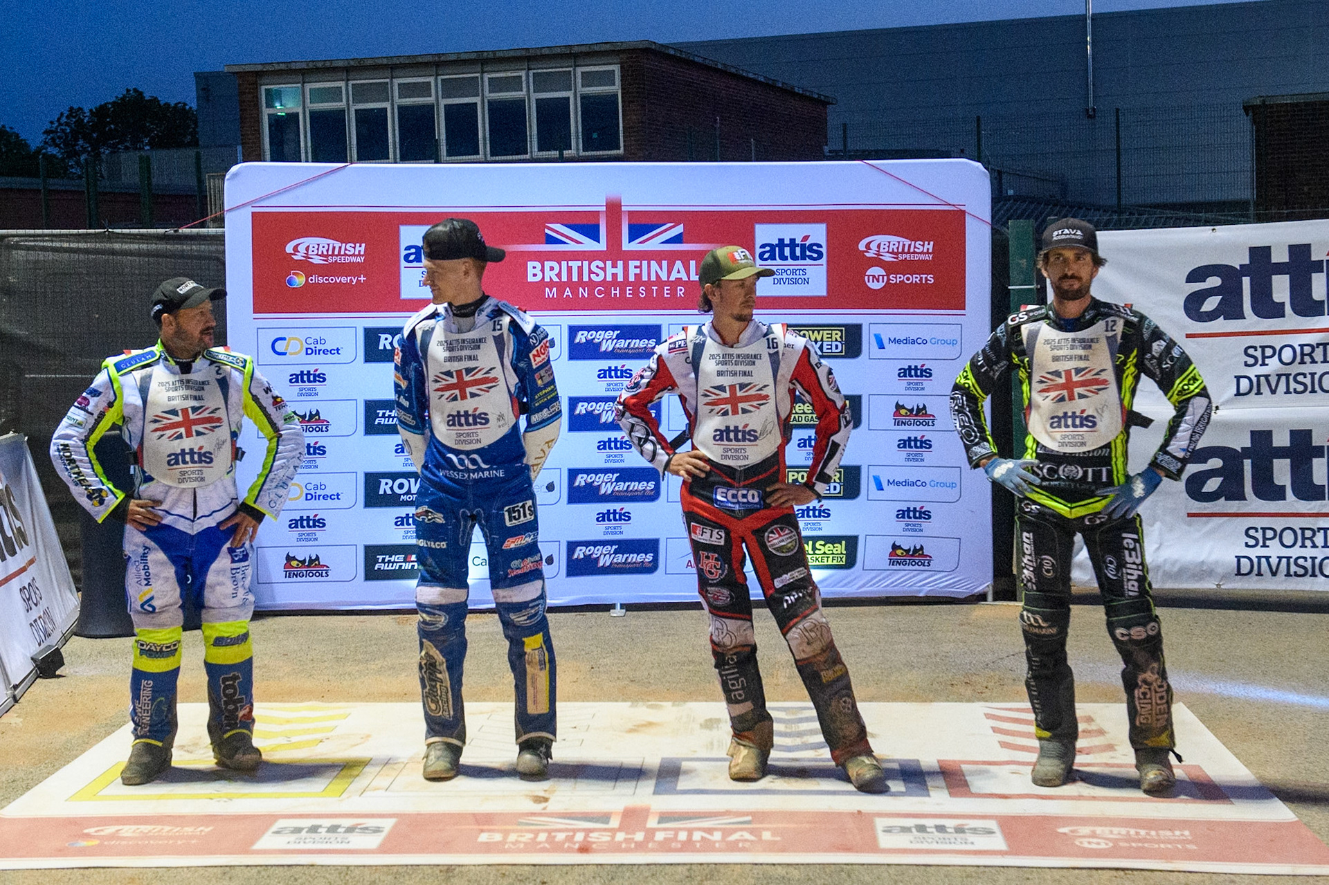 The riders pick theoir gate positions for the Semi Final: (L to R): Chris Harris, Anders Rowe, \Charles Wright and Adam Ellis during the Attis Insurance Sports Division British Final at the National Speedway Stadium, Manchester on Monday 12th May 2025. (Photo: Ian Charles | MI News)