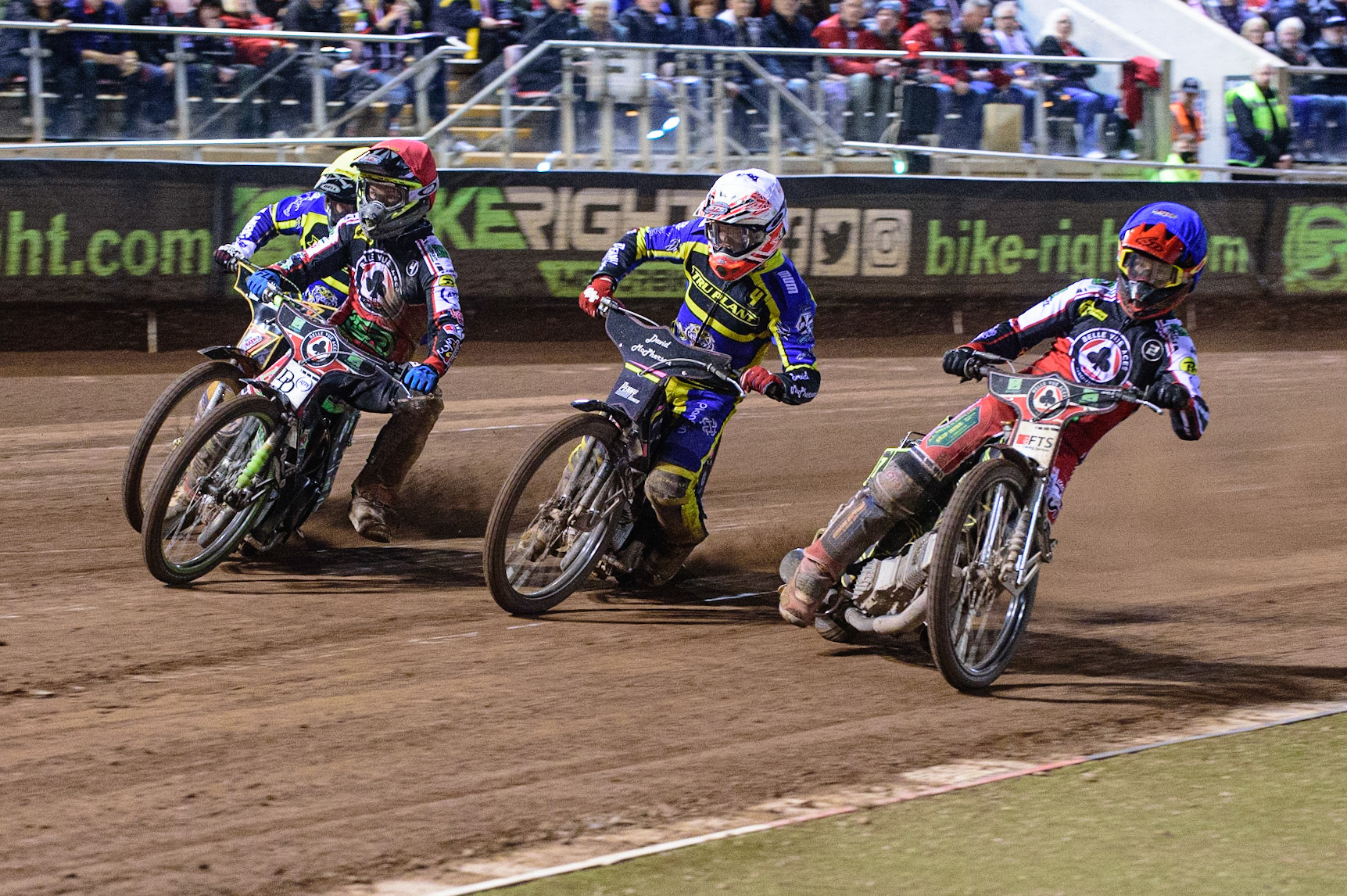MANCHESTER, UK. OCT 7TH  Jye Etheridge   (Blue) inside Josh Pickering   (White\ Charles Wright  (Red) and Connor Mountain  (Yellow) during the SGB Premiership Play off Semi-Final Second Leg between Belle Vue Aces and Sheffield Tigers at the National Speedway Stadium, Manchester on Thursday 7th October 2021. (Credit: Ian Charles | MI News)