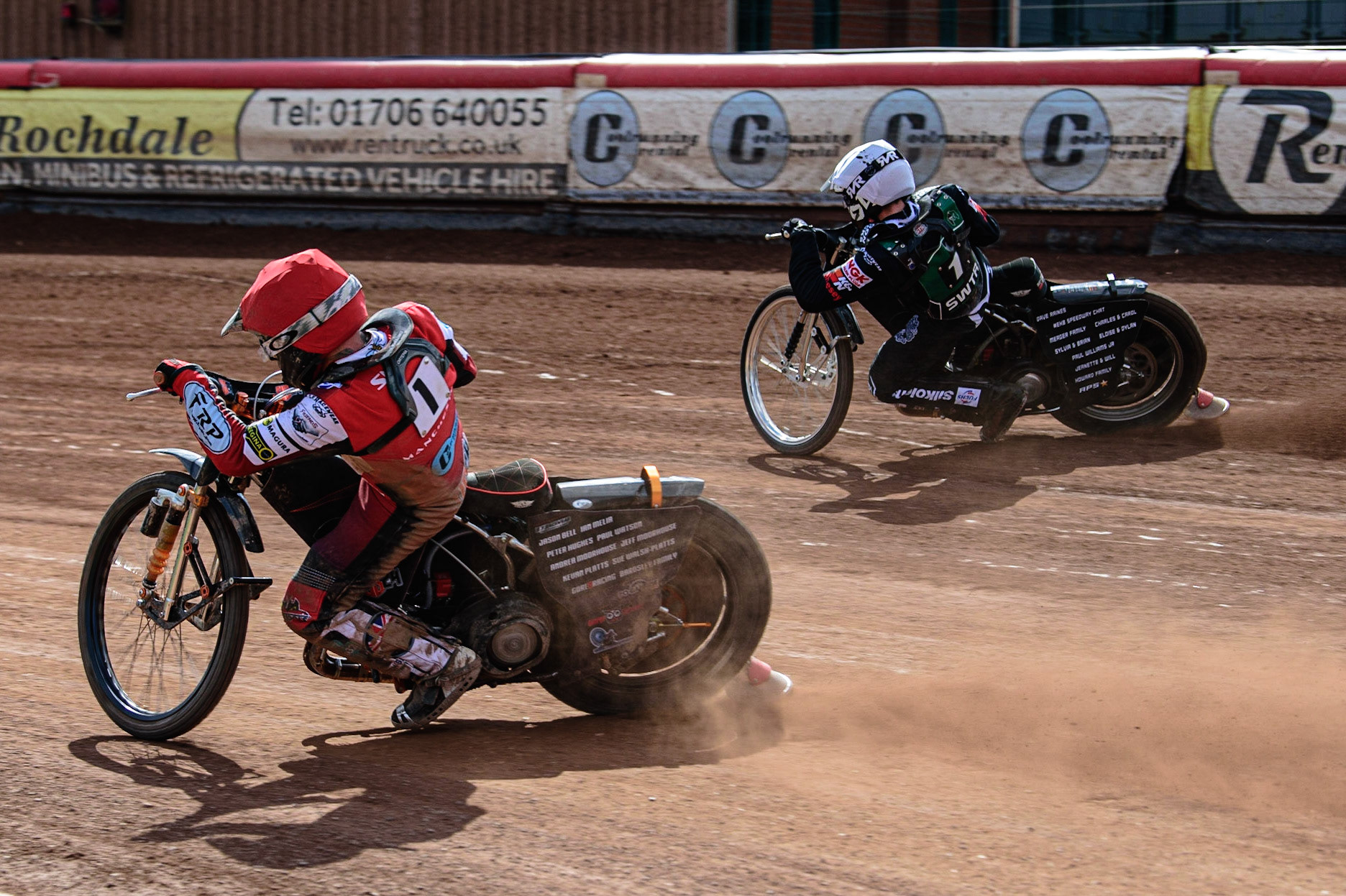 MANCHESTER, UK. APR 15TH   Dan Gilkes  (White) leads Jack Smith  (Red) during the National Development League match between Belle Vue Colts and Plymouth Centurions at the National Speedway Stadium, Manchester on Friday 15th April 2022. (Credit: Ian Charles | MI News)