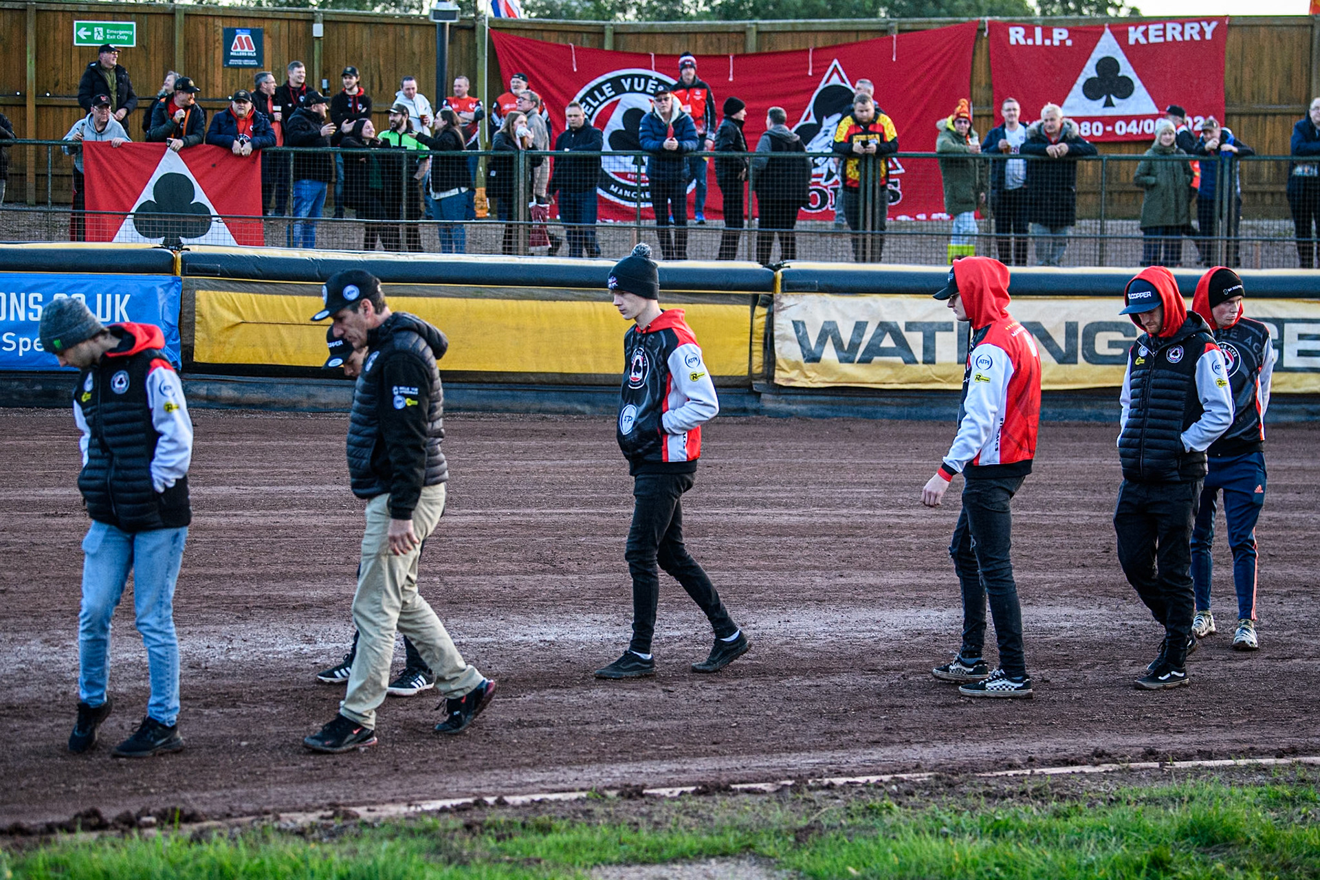 Belle Vue ATPI Aces riders in front of the fans who got to the track early during the Rowe Motor Oil Premiership Grand Final 2nd Leg between Leicester Lions and Belle Vue Aces at the Pidcock Motorcycles Arena, Leicester on Thursday 26th September 2024. (Photo: Ian Charles | MI News)
