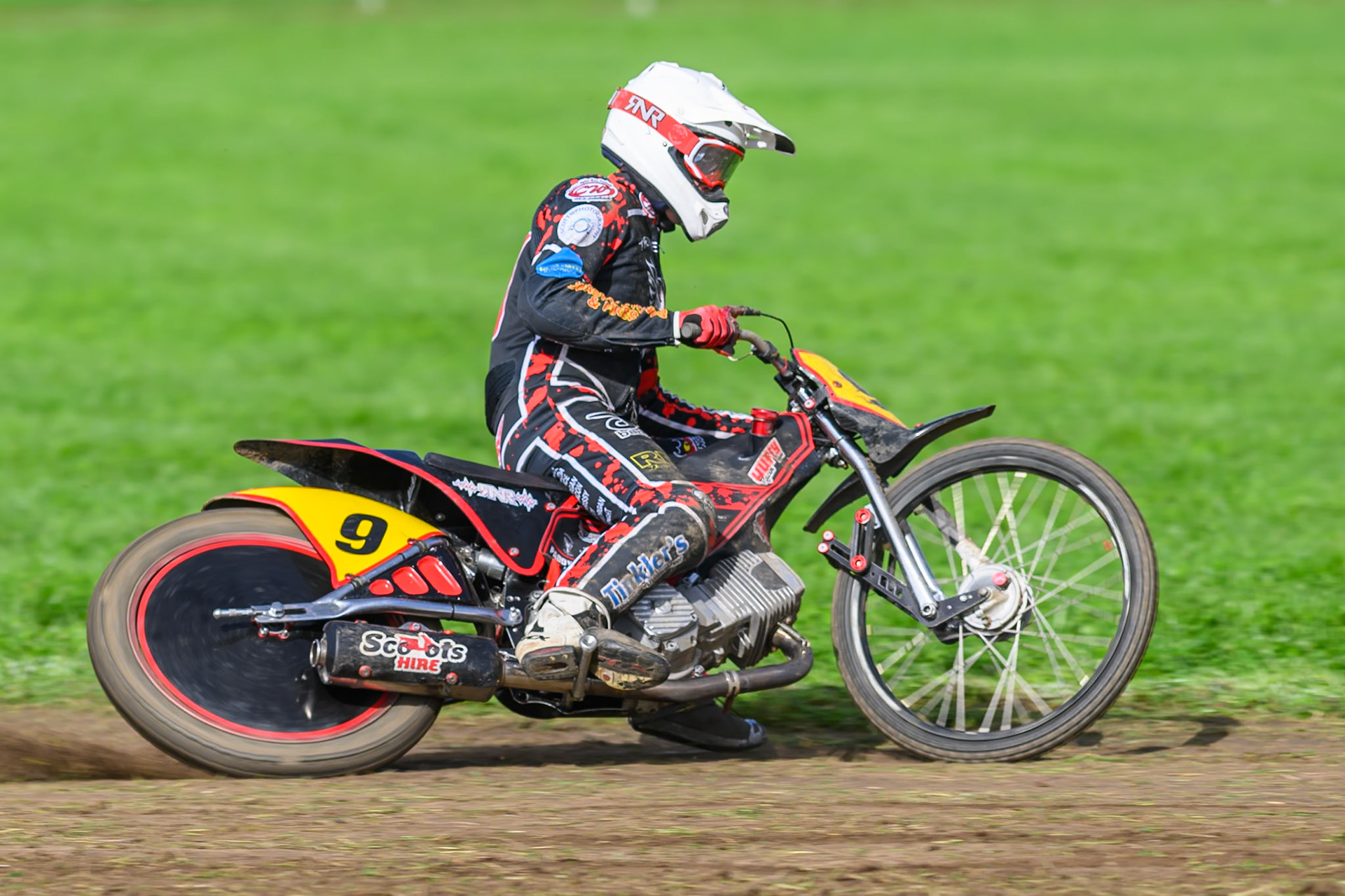 British Masters (Solos): Dylan Huthwaite (9) during the British Masters Grasstrack Championship at Lower Marsh Farm, Much Hoole, Preston in Lancashire, England on Sunday 13th September 2026. (Photo: Ian Charles | MI News)