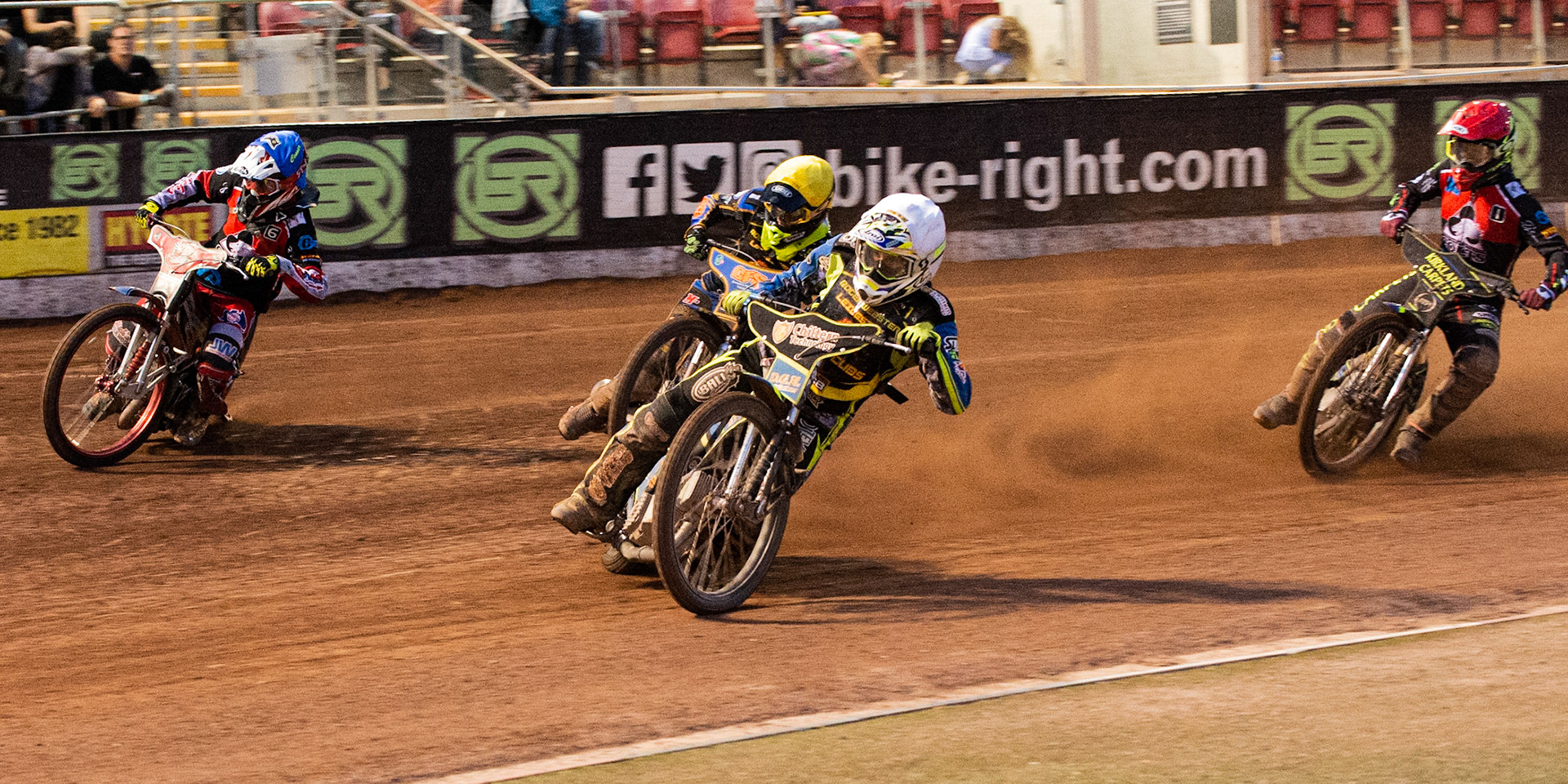 Photo: Ian Charles

Danyon Hume  (White) and Anders Rowe  (Yellow) inside Connor Bailey  (Blue) with Kyle Bickley  (Red) behind

Belle Vue Colts v Leicester Cubs, SGB National League, Belle Vue National Speedway Stadium, Manchester, Thursday 8  August  2019