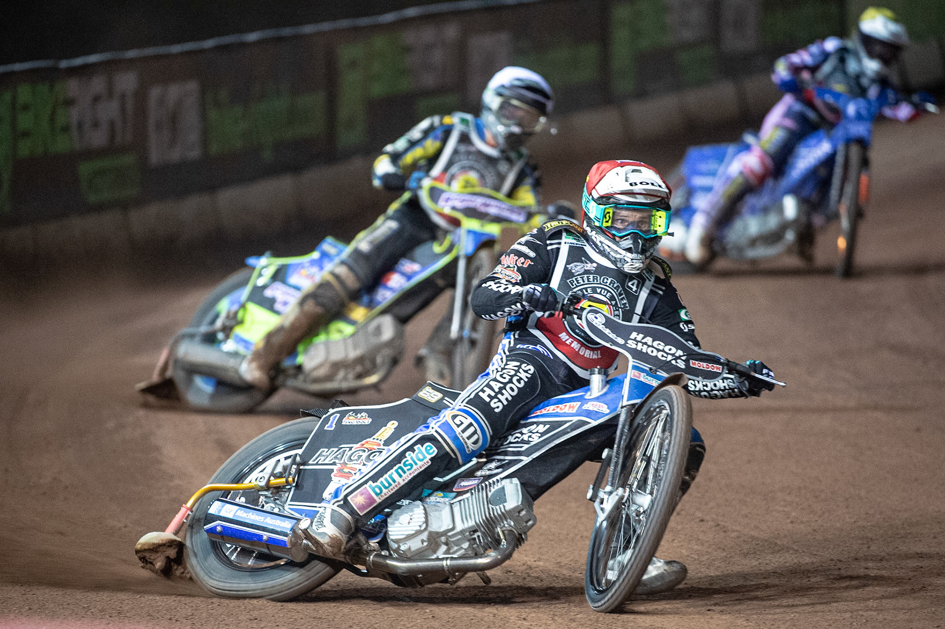 Photo: Ian CharlesJason Doyle (Red) leads Troy Batchelor (White) and Lewis Kerr (Yellow)Peter Craven Memorial Trophy, National Speedway Stadium, Manchester Thursday  22  October  2020