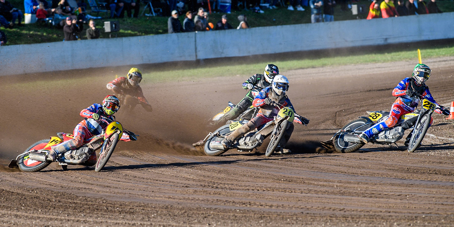 The Netherlands riders lead Denmark (L to R) Romano Hummel (Red), Dave Meijerink (White) and Mika Meijer (Green) during the FIM Long Track Of Nations event at the Speed Centre Roden on Sunday 24th September 2023. (Photo: Ian Charles | MI News)