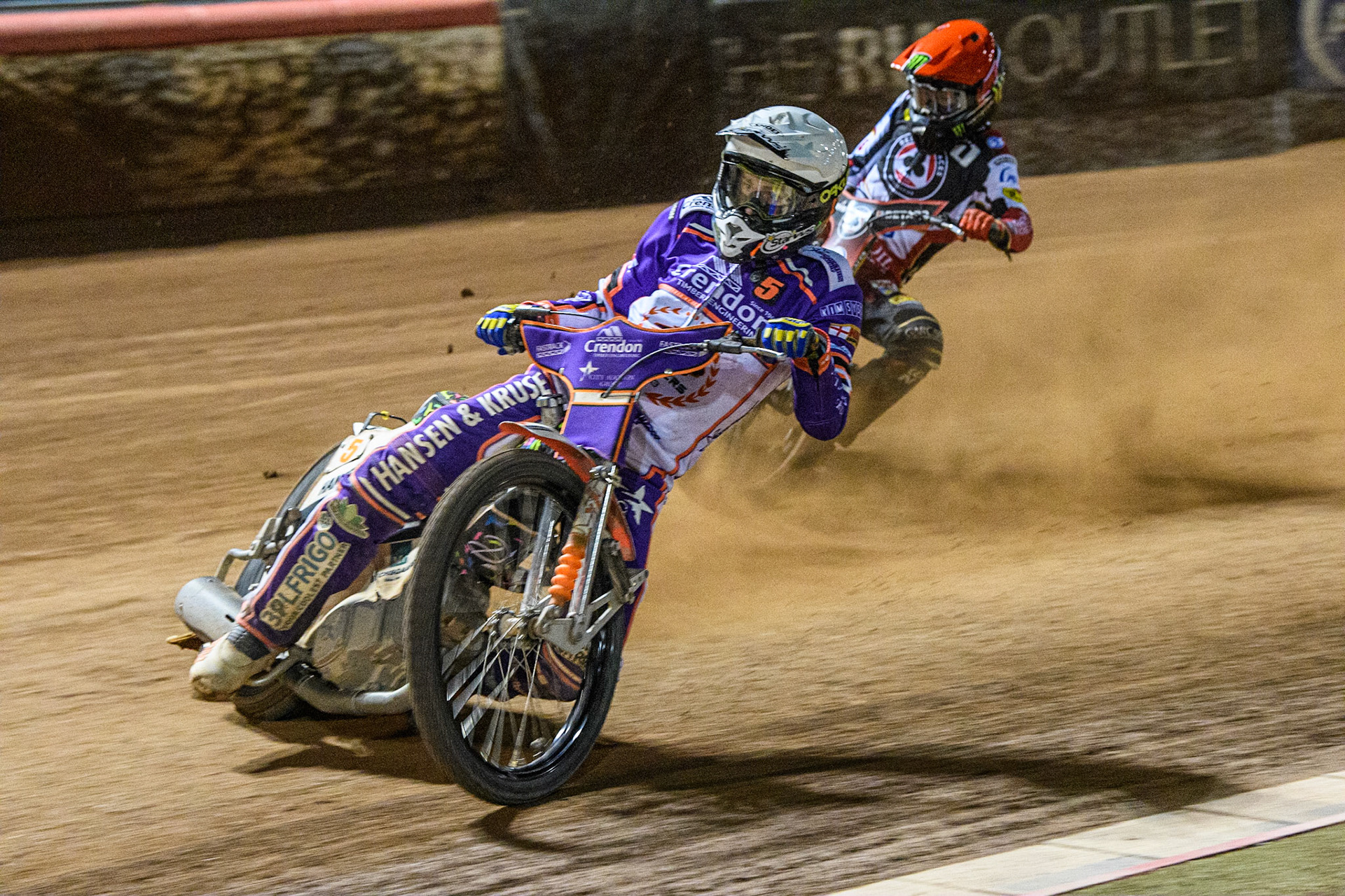 Niels-Kristian Iversen  (White) leads Dan Bewley  (Red) during the SGB Premiership match between Belle Vue Aces and Peterborough at the National Speedway Stadium, Manchester on Monday 24th April 2023. (Photo: Ian Charles | MI News)