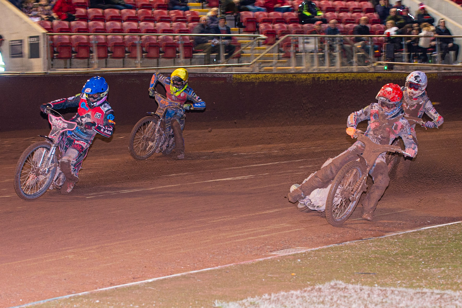 Photo: Ian Charles

Jordan Palin  (Red) and Leon Flint  (Blue) lead Drew Kemp  (White) and Anders Rowe  (Yellow)

Belle Vue Colts v Kent Kings, SGB National League Play Offs, Semi Final 1st Leg, Belle Vue National Speedway Stadium, Manchester, Friday 4  October  2019