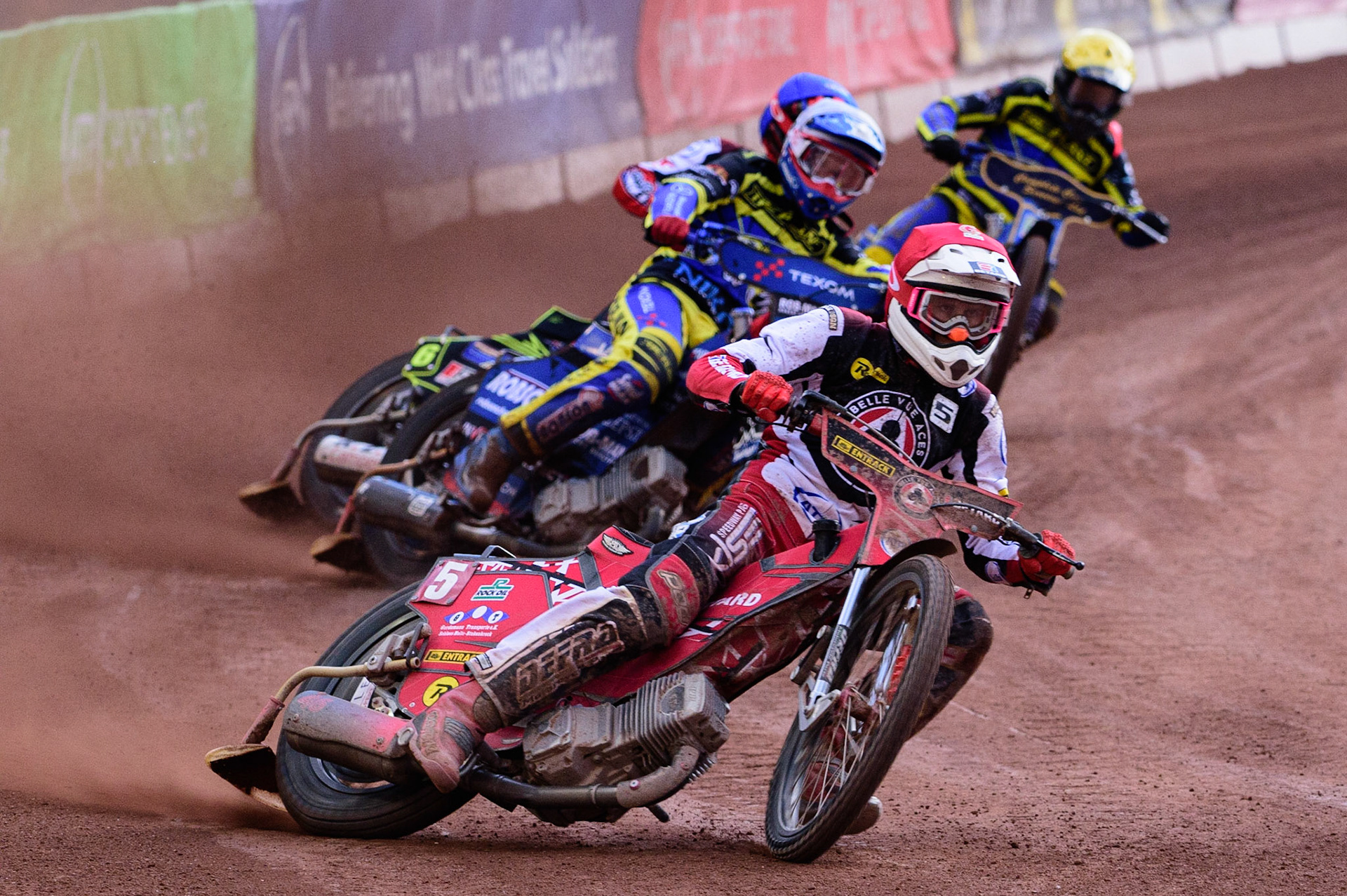 MANCHESTER, UK. JUL 5TH   Max Fricke  (Red) leads Tobiasz Musielak  (White), Jye Etheridge  (Blue) and Connor Mountain (Yellow) during the SGB Premiership match between Belle Vue Aces and Sheffield Tigers at the National Speedway Stadium, Manchester on Tuesday 5th July 2022. (Credit: Ian Charles | MI News)