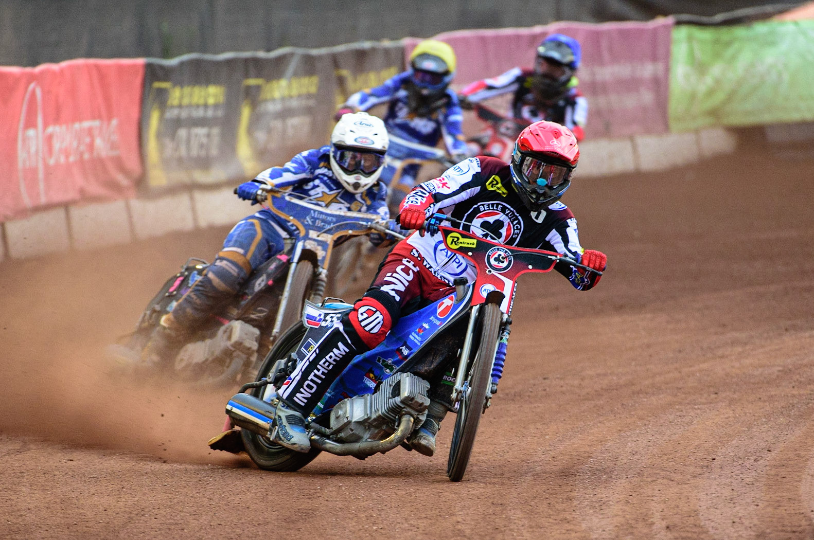 MANCHESTER UK  Matej Zagar  (Red) leads Josh Pickering  (White) Thomas Jorgensen  (Yellow) and Tom Brennan  (Blue) during the SGB Premiership match between Belle Vue Aces and King's Lynn Stars at the National Speedway Stadium, Manchester on Monday 11th July 2022. (Credit: Ian Charles | MI News)