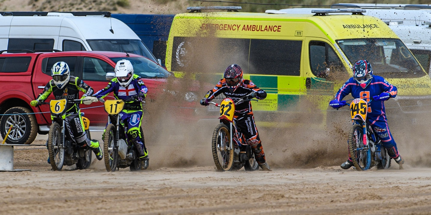 (l - r) Edward Kennett (6), Paul Cooper (11) Jamie Fenn-Smith (32) and Shaun Bickley (145) leave the start line during the Fylde ACU British Sand Racing Masters Championship at  St Annes on Sea, Lancashire on Sunday 30th July 2023. (Photo: Ian Charles | MI News)