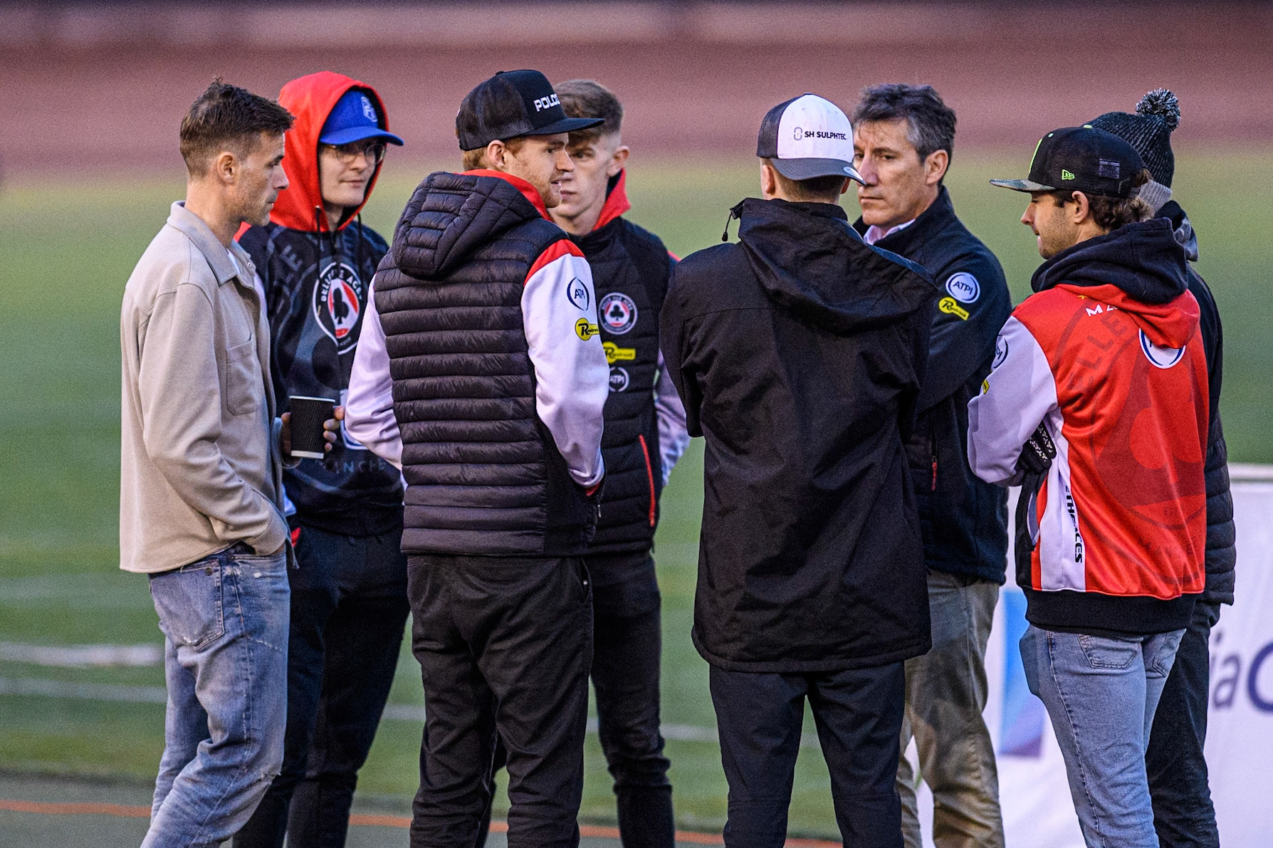 Belle Vue ATPI Aces team meeting during the Rowe Motor Oil Premiership Grand Final 1st Leg between Belle Vue Aces and Leicester Lions at the National Speedway Stadium, Manchester on Monday 23rd September 2024. (Photo: Ian Charles | MI News)