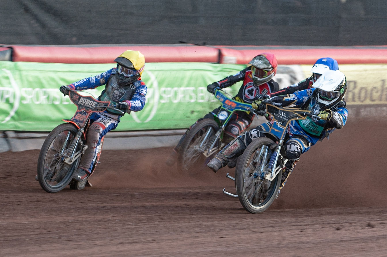 Photo by Ian Charles

Jack Holder  (White) and Luke Becker  (Yellow) lead Dan Bewley  (Red) and Steve Worrall  (Blue)

Belle Vue Aces v Poole Pirates, British Speedway Premiership, Belle Vue National Speedway Stadium, Manchester, Monday 1  July  2019
