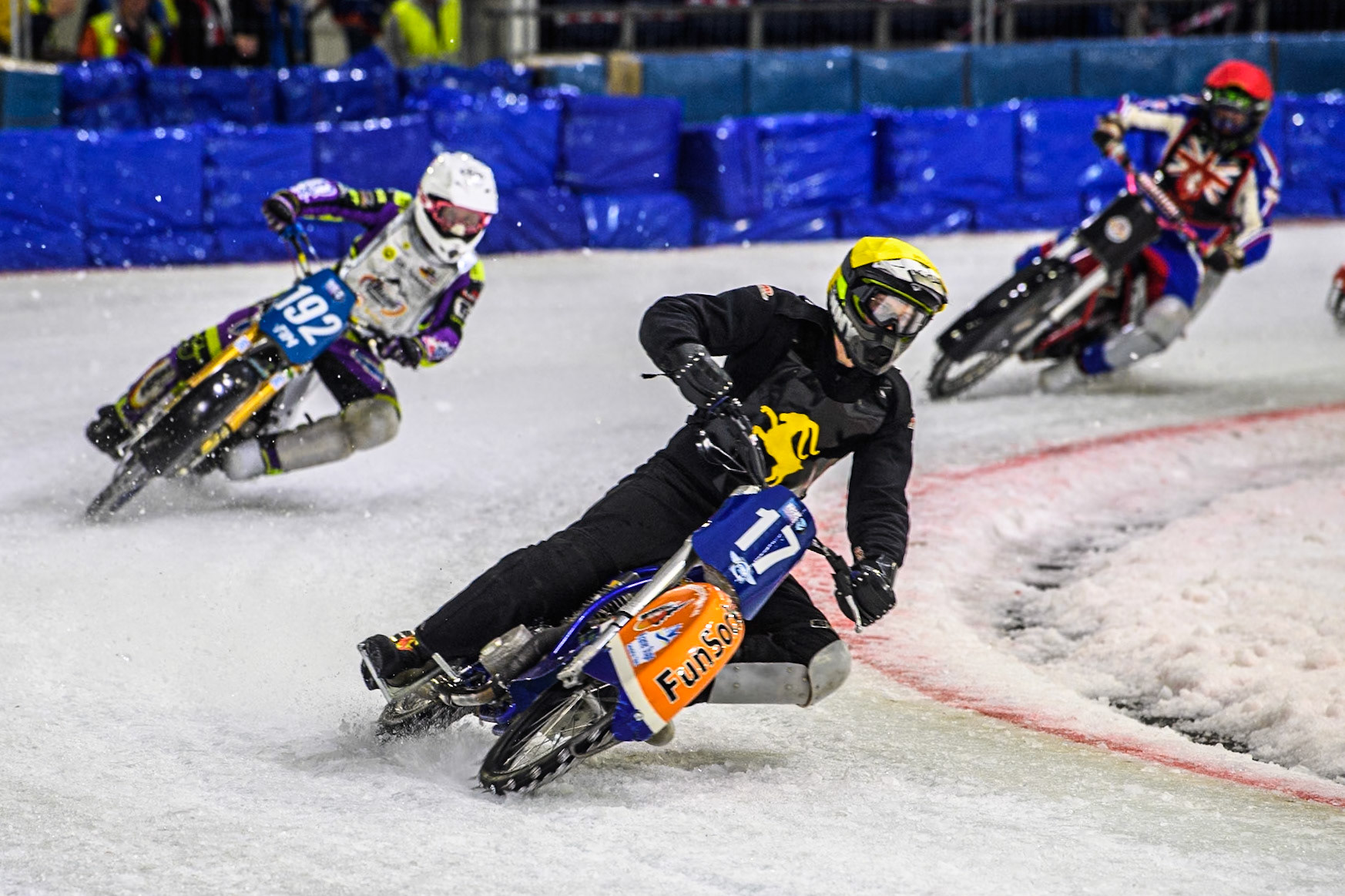 Leon Kramer of The Netherlands in Yellow leading Paul Cooper of Great Britain in White and Rob Irving of Great Britain in Red during the Roelof Thijs Bokaal, Ice Rink Thialf, Heerenveen, Netherlands on Friday 4th April 2025. (Photo: Ian Charles | MI News)