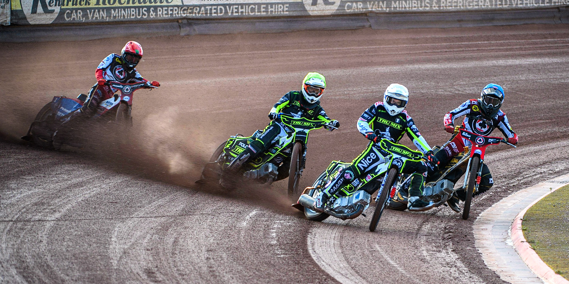 Emil Sayfutdinov (White) leads Norick Blodorn (Blue), Keynan Rew (Yellow) and Dan Bewley (Red) during the Sports Insure Premiership match between Belle Vue Aces and Ipswich Witches at the National Speedway Stadium, Manchester on Monday 17th July 2023. (Photo: Ian Charles | MI News)