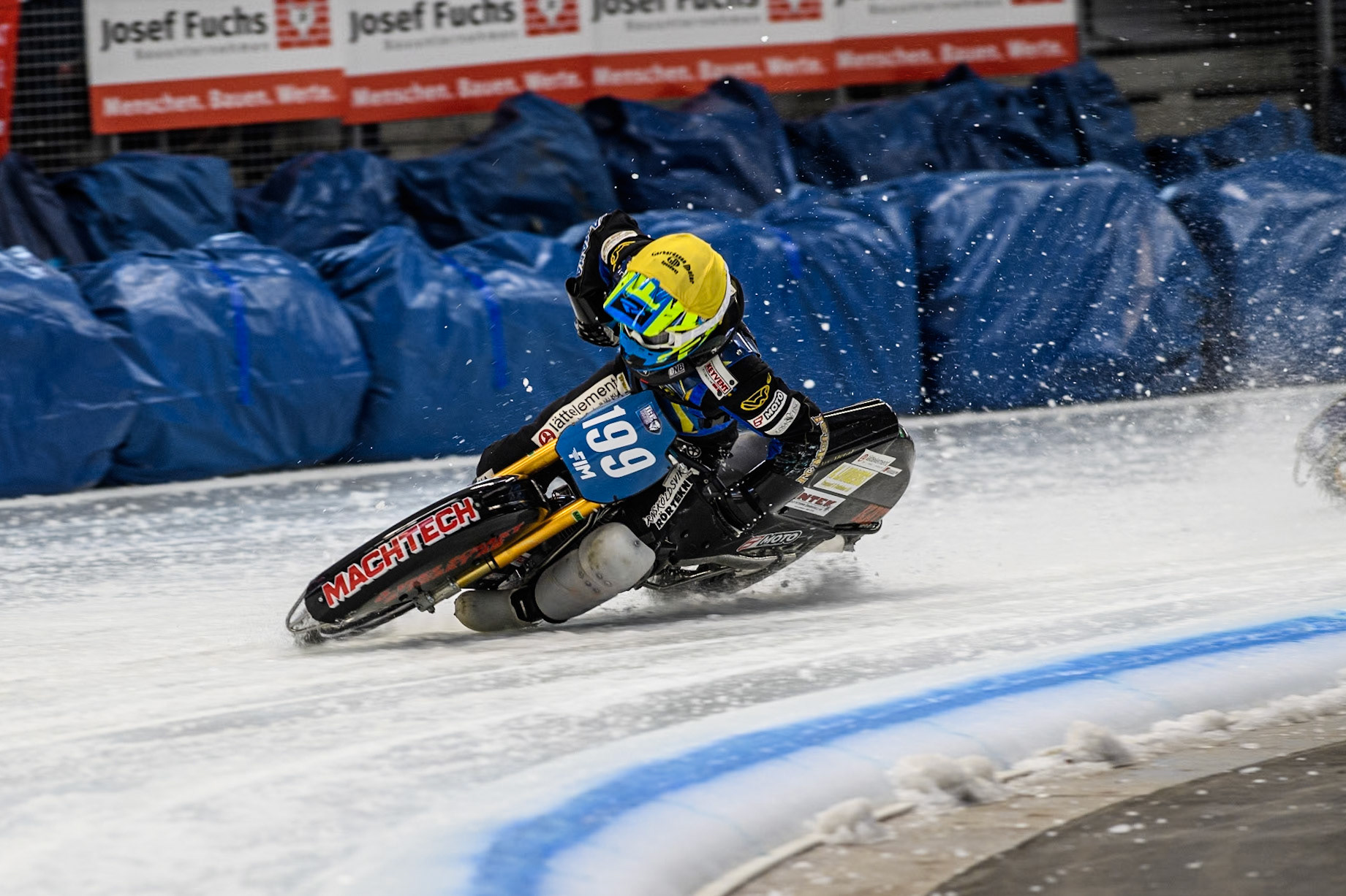 Sweden's Martin Haarahiltunen (199)  gets into difficulty and manages to correct it during the FIM Ice Speedway Gladiators World Championship Final 2 at the Max-Aicher-Arena, Inzell on Sunday 24 March 2024. (Photo: Ian Charles | MI News)