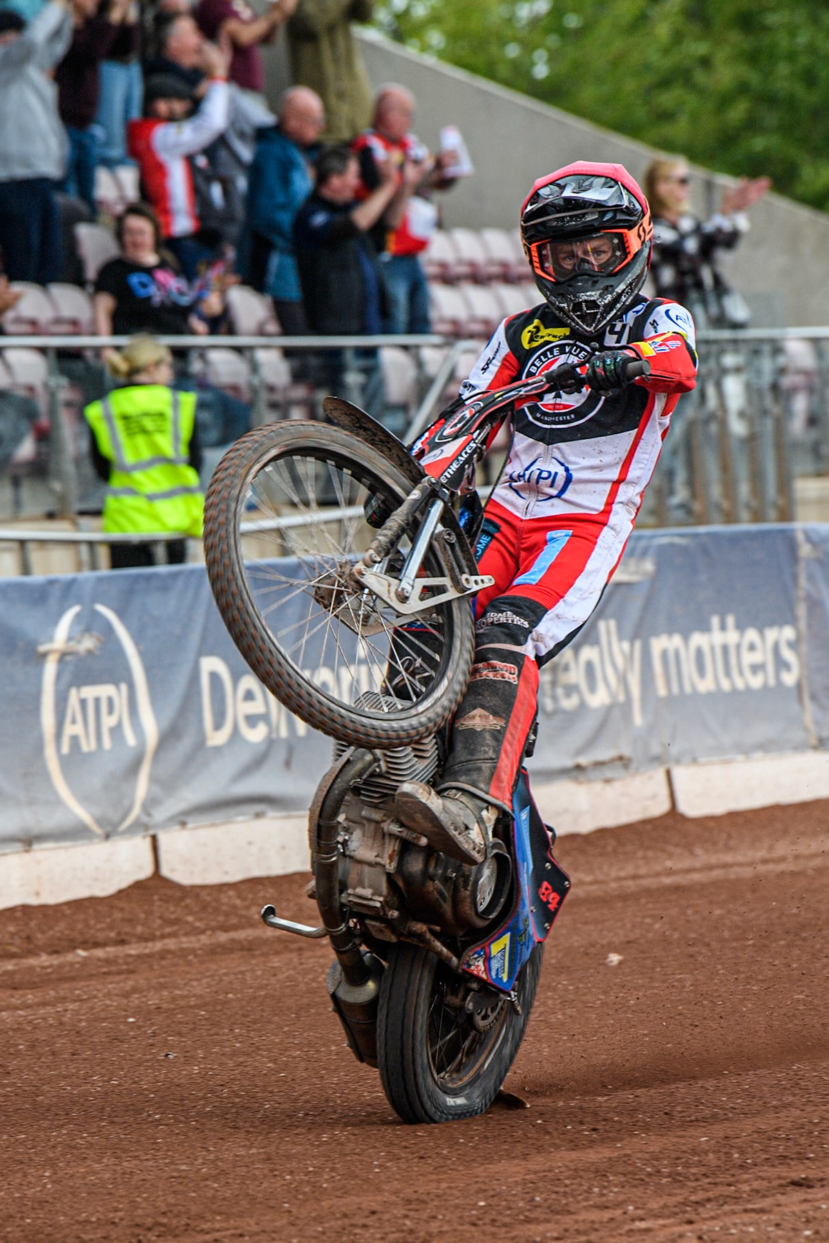 Belle Vue Aces' Ben Cook  celebrates with a wheelie during the Rowe Motor Oil Premiership match between Belle Vue Aces and Sheffield Tigers at the National Speedway Stadium, Manchester on Monday 26th August 2024. (Photo: Ian Charles | MI News)