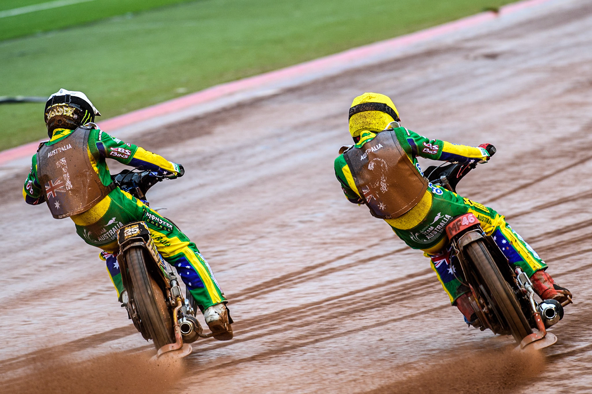 Jack Holder of Australia in White rides inside Max Fricke of Australia in Yellow during the Monster Energy FIM Speedway of Nation Semi Final 2 at the National Speedway Stadium, Manchester on Wednesday 10th July 2024. (Photo: Ian Charles | MI News)