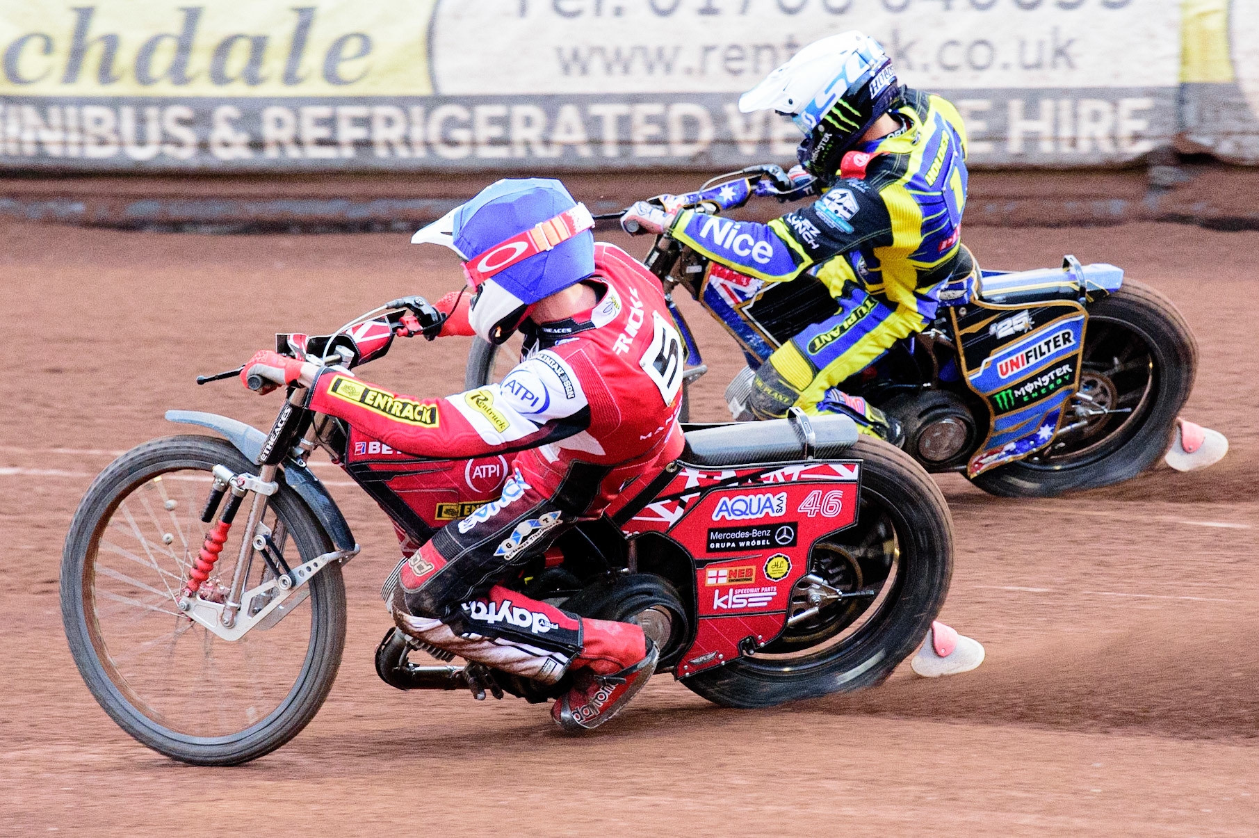 MANCHESTER, UK. JUL 5TH  Max Fricke  (Blue) inside Jack Holder  (White)  during the SGB Premiership match between Belle Vue Aces and Sheffield Tigers at the National Speedway Stadium, Manchester on Tuesday 5th July 2022. (Credit: Ian Charles | MI News)