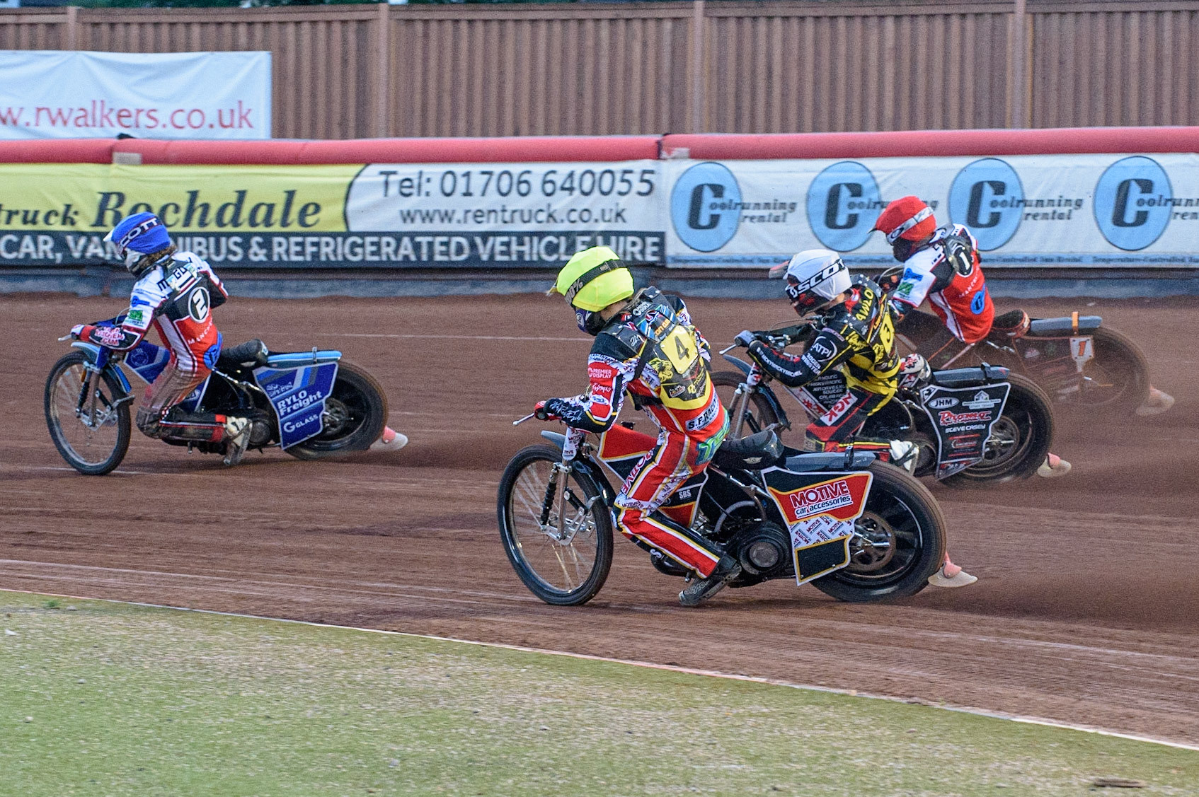 MANCHESTER, UK. JULY 29TH  Harry McGurk  (Blue) leads Tom Spencer   (Yellow), Joe Lawlor  (White) and Jack Smith  (Red)  during the National Development League match between Belle Vue Colts and Leicester Lion Cubs at the National Speedway Stadium, Manchester on Thursday 29th July 2021. (Credit: Ian Charles | MI News)