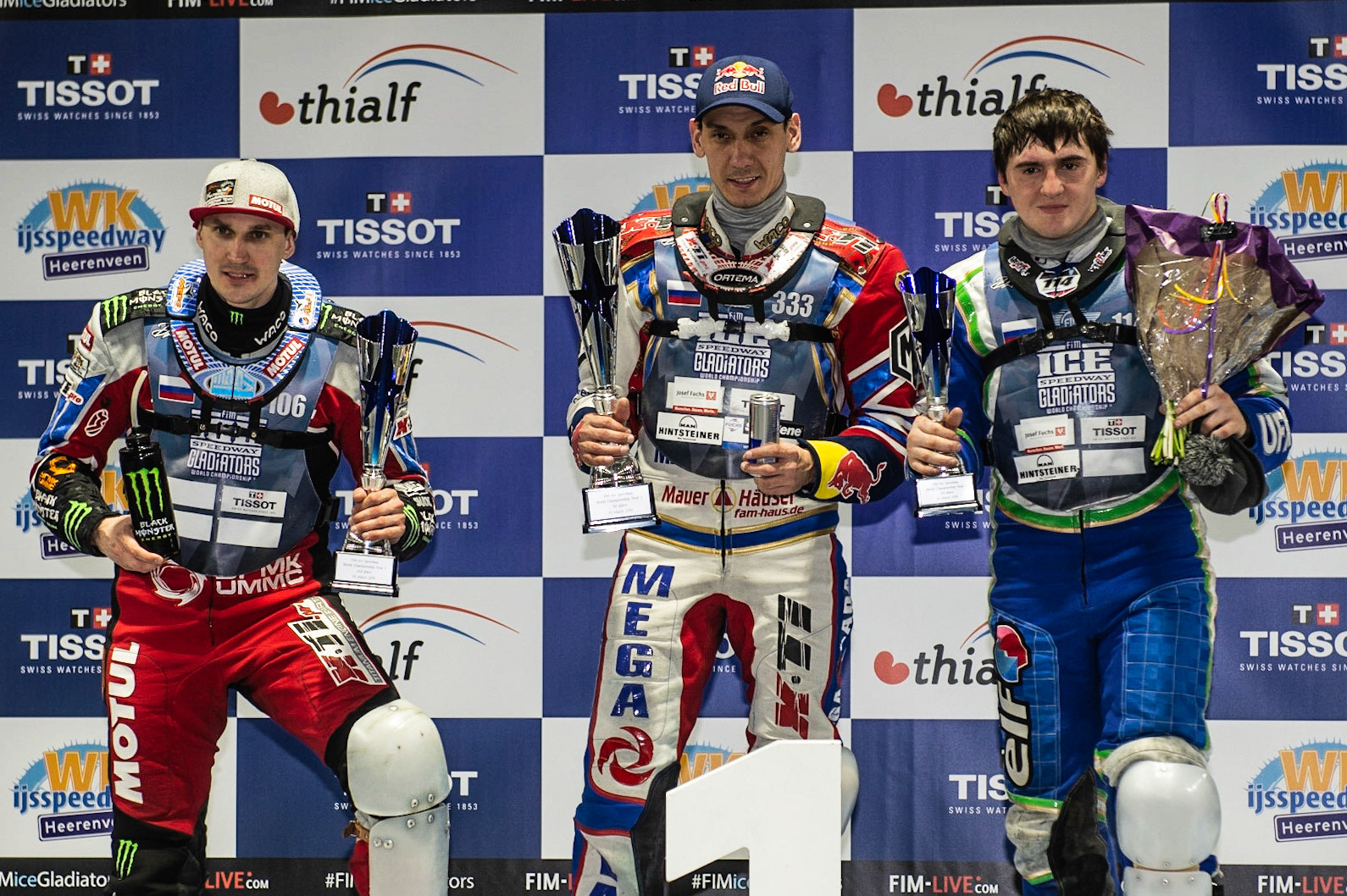 Photo: Ian Charles

Saturday’s Top 3: (l-r) Dmitri Koltakov (2nd), Danil Ivanov (1st), Dinar Valeev (3rd)

FIM Ice Speedway Gladiators World Championship, Event 5.1, Ice Rink Thialf, Heerenveen, Netherlands Saturday  30  March  2019