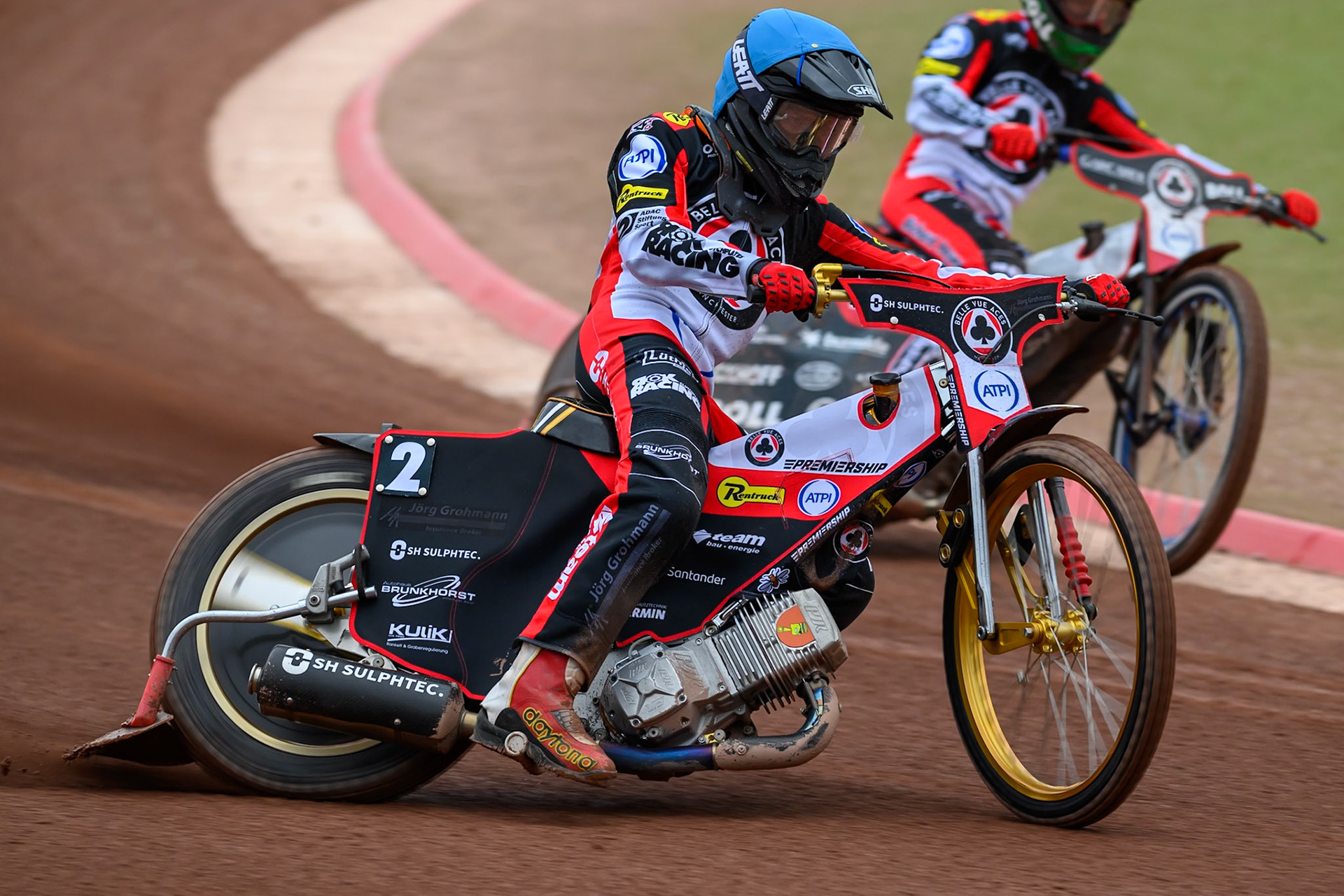 Norick Blödorn of Belle Vue Aces in action during the Rowe Motor Oil Premiership match between Belle Vue Aces and Leicester Lions at the National Speedway Stadium, Manchester on Monday 15th June 2026. (Photo: Ian Charles | MI News)
