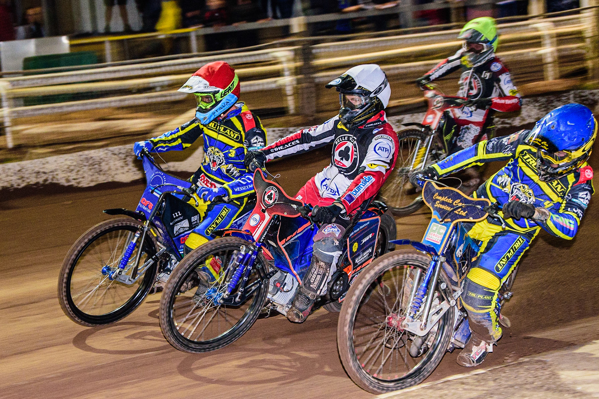 Brady Kurtz  (White) splits Kyle Howarth  (Blue) and Adam Ellis  (Red) with Jye Etheridge (Yellow) during the SGB Premiership match between Sheffield Tigers and Belle Vue Aces at Owlerton Stadium, Sheffield on Thursday 22nd September 2022. (Credit: Ian Charles | MI News)