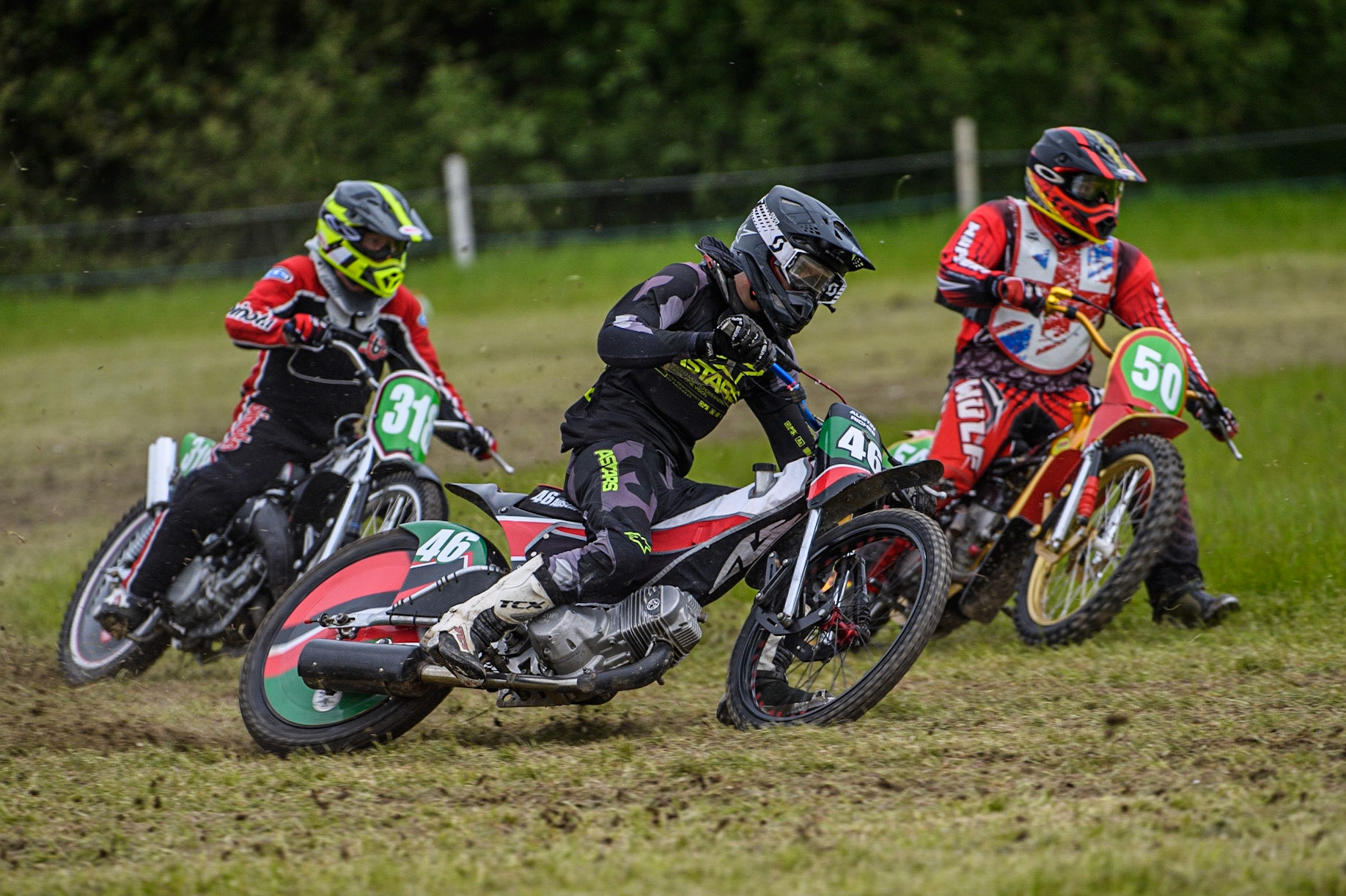 Austin Riches (46) outside Adam Hawker (50) with Mick Parton (318) behind in the 250cc Class during the Cheshire Grass Track Three Trophies meeting at High Legh, Cheshire on Sunday 14th May 2023. (Photo: Ian Charles | MI News)