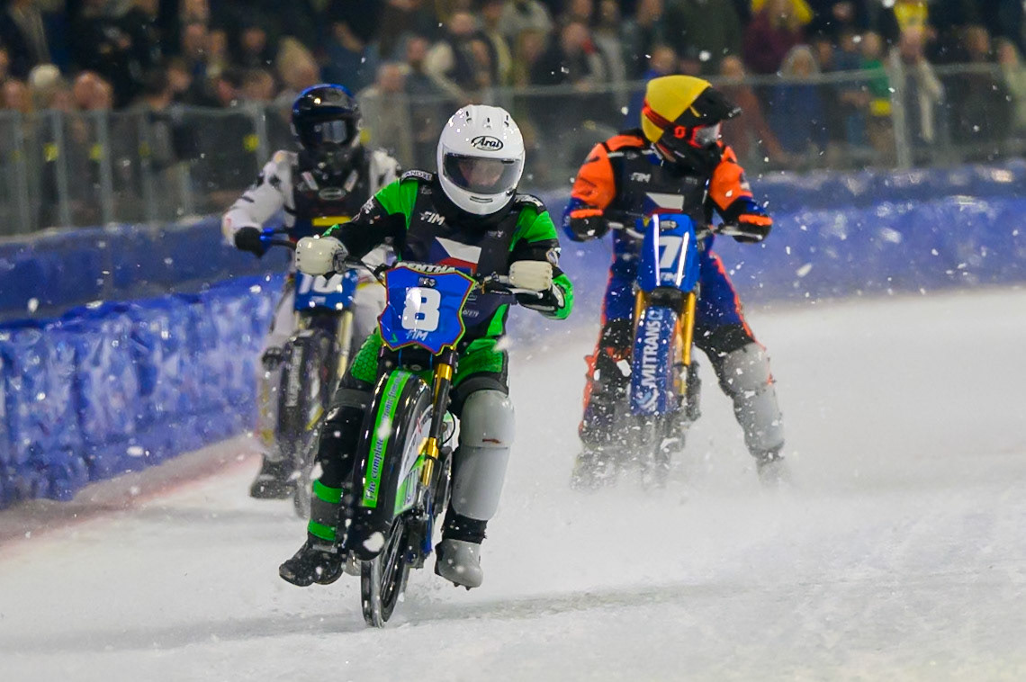 Andrej Diviš (8) of Czechia in White leading Christoph Kirchner (10) of Germany in Blue and Lukáš Hutla (7) of Czechia  in Yellow during the FIM Ice Speedway Of Nations at Ice Rink Thialf, Heerenveen on Sunday 12th April 2026. (Photo: Ian Charles | MI News)