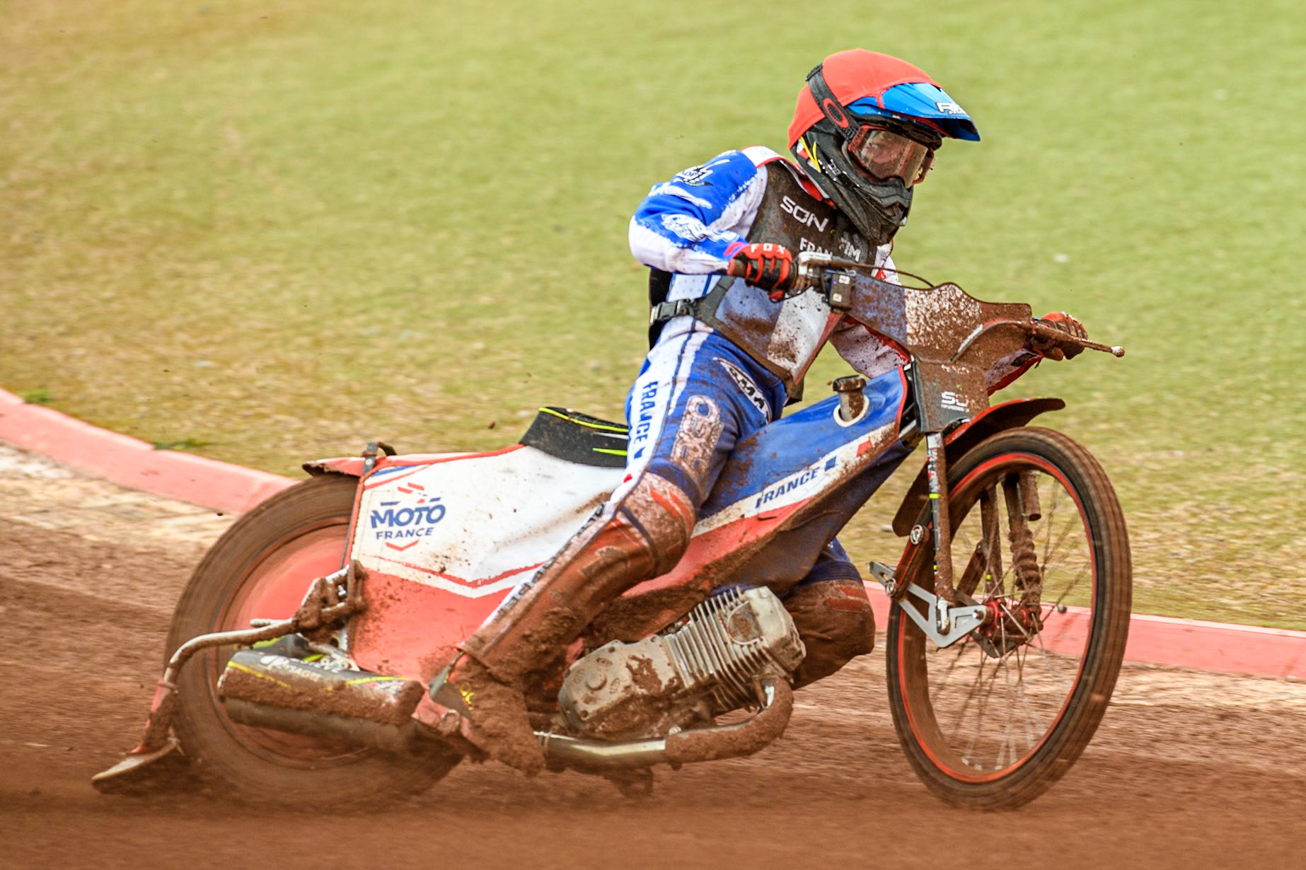 David Bellego of France in action during the Monster Energy FIM Speedway of Nations Semi-Final 1 at the National Speedway Stadium, Manchester on Tuesday 9th July 2024. (Photo: Ian Charles | MI News)