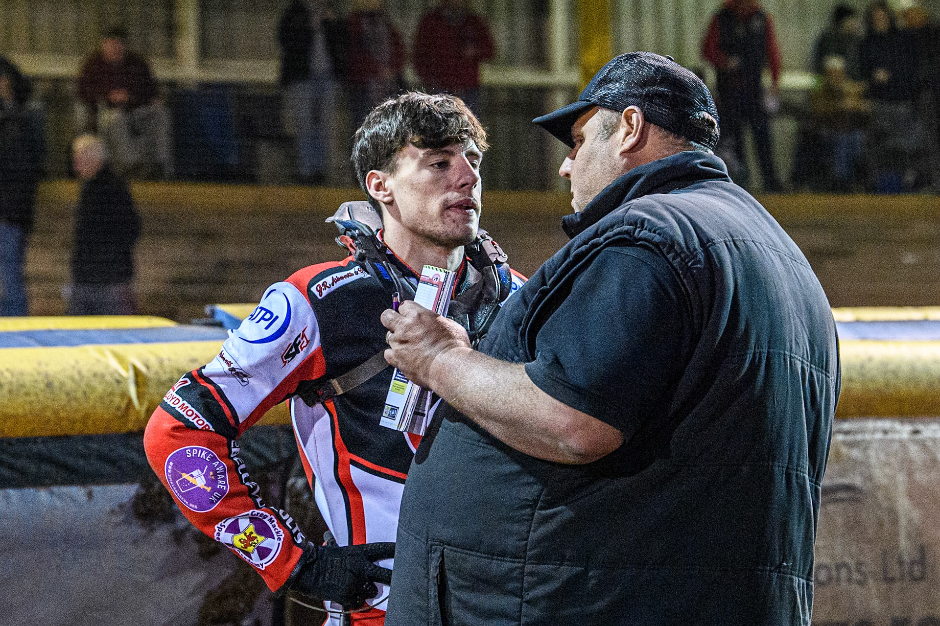 Belle Vue Colts' Guest Rider Cooper Rushen (Left) after his heat 6 crash with Belle Vue Colts' Joint Manager Steve Williams during the WSRA National Development League match between Steelers and Belle Vue Colts at Owlerton Stadium, Sheffield on Monday 5th May 2025. (Photo: Ian Charles | MI News)