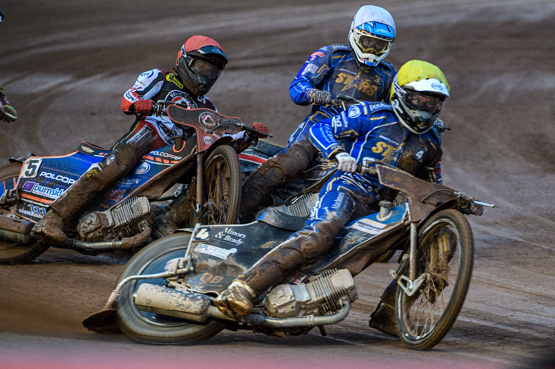 Nicolai Klindt (Yellow) leads Brady Kurtz (Red) and Frederik Jakobsen (White) during the Sports Insure Premiership match between Belle Vue Aces and King's Lynn Stars at the National Speedway Stadium, Manchester on Monday 12th June 2023. (Photo: Ian Charles | MI News)
