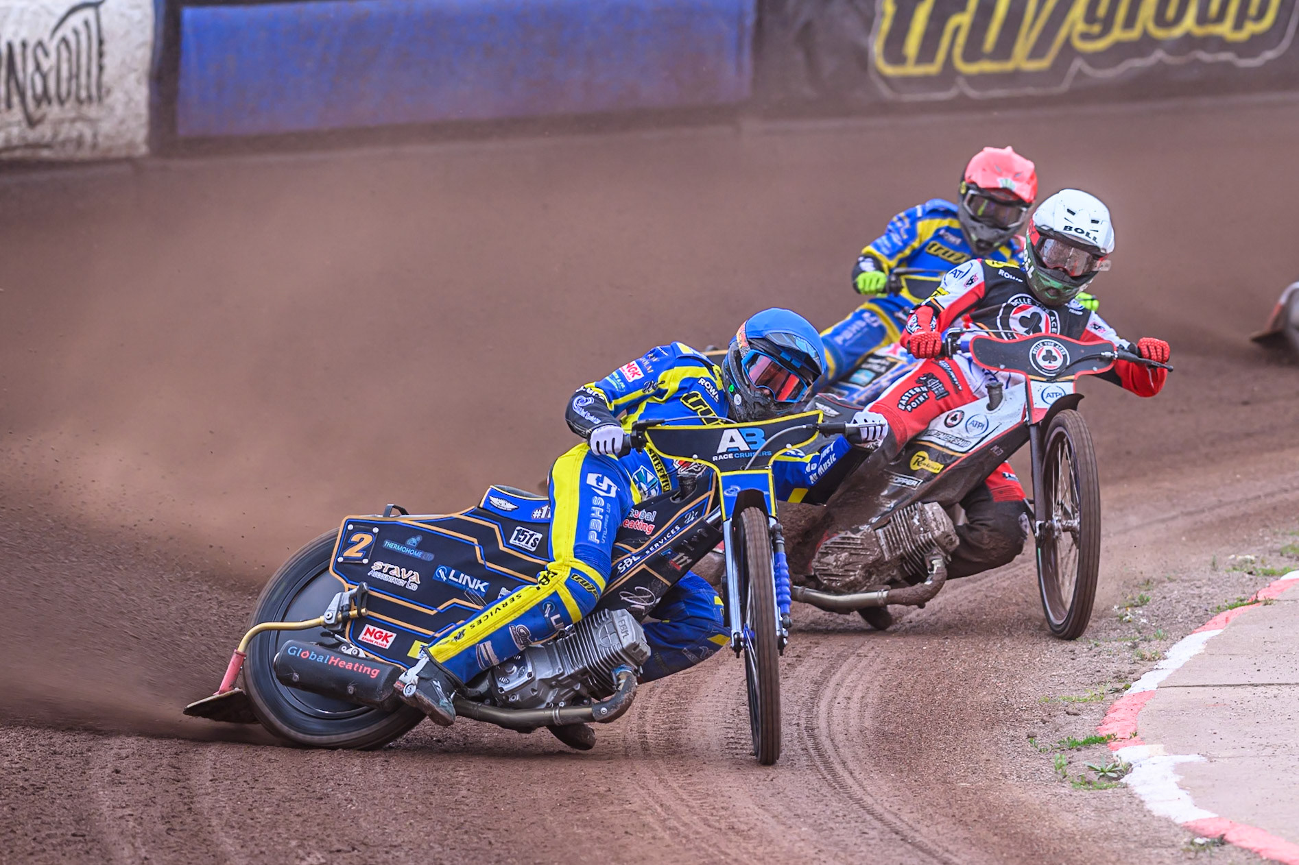 Anders Rowe of Sheffield Tigers  in Yellow leading Brady Kurtz of Belle Vue Aces   in White and Jack Holder of Sheffield Tigers  in Red in Yellow during the Rowe Motor Oil Premiership match between Sheffield Tigers and Belle Vue Aces at Owlerton Stadium, Sheffield on Monday 11th August 2025. (Photo: Ian Charles | MI News)