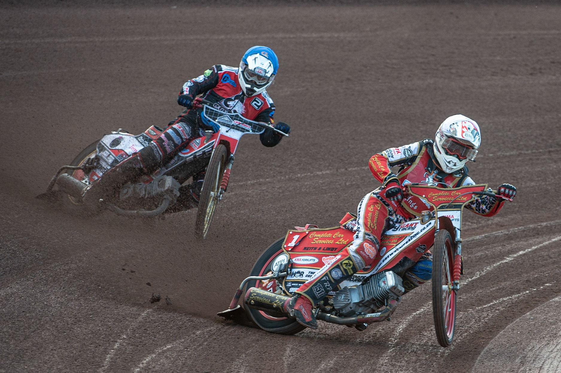 Photo: Ian Charles

Drew Kemp  (White) leads Danny Phillips  (Blue)

Belle Vue Colts v Kent Kings, SGB National League KO Cup Quarter Final 1st Leg, Belle Vue National Speedway Stadium, Manchester, Thursday 20  June  2019