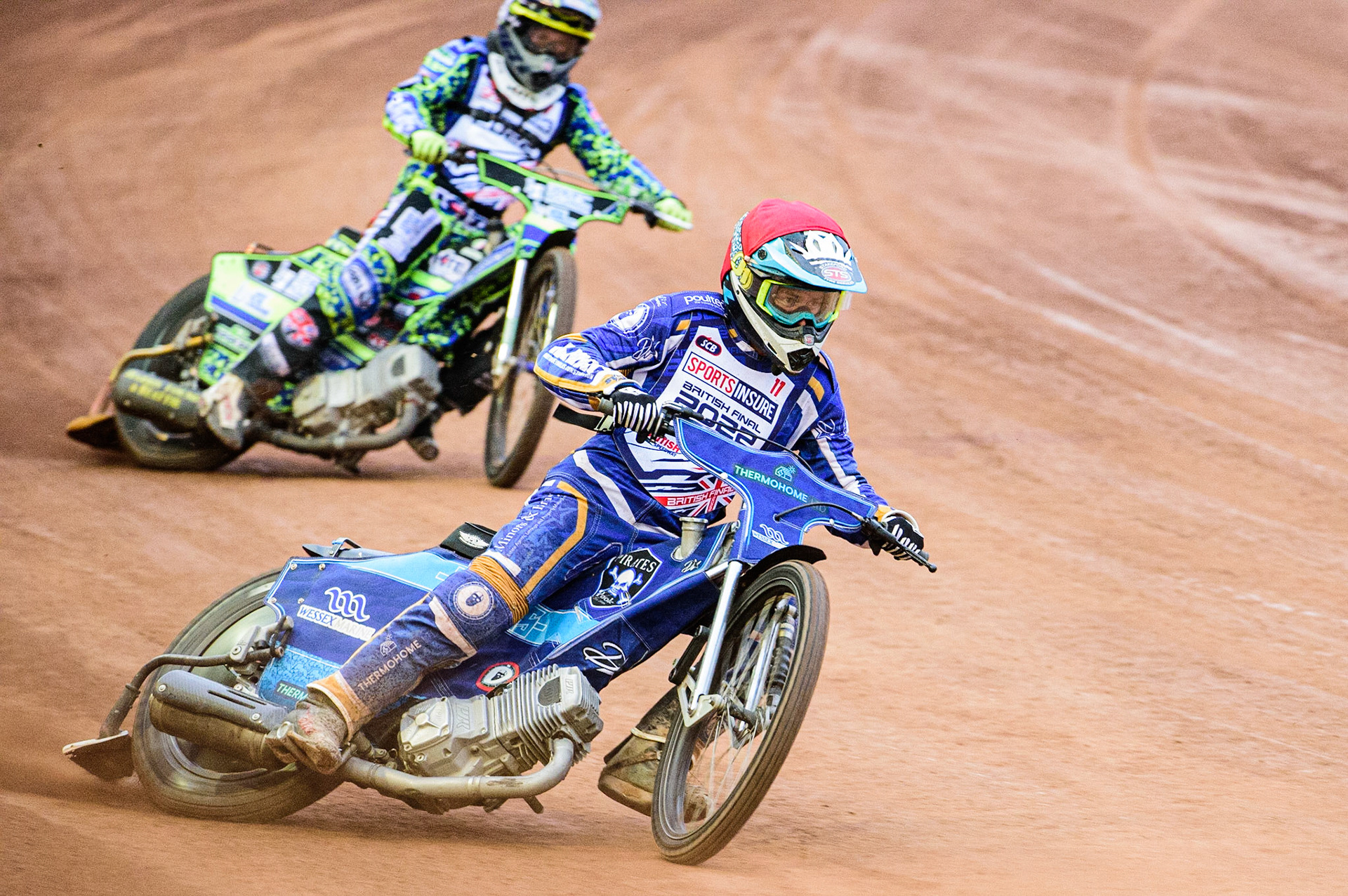 Richard Lawson  (Red) leads Paul Starke   during the Sports Insure British Speedway Championship Final at the National Speedway Stadium, Bellevue, Manchester, England on Monday 1st August 2022. (Photo by: Ian Charles | MI News)
