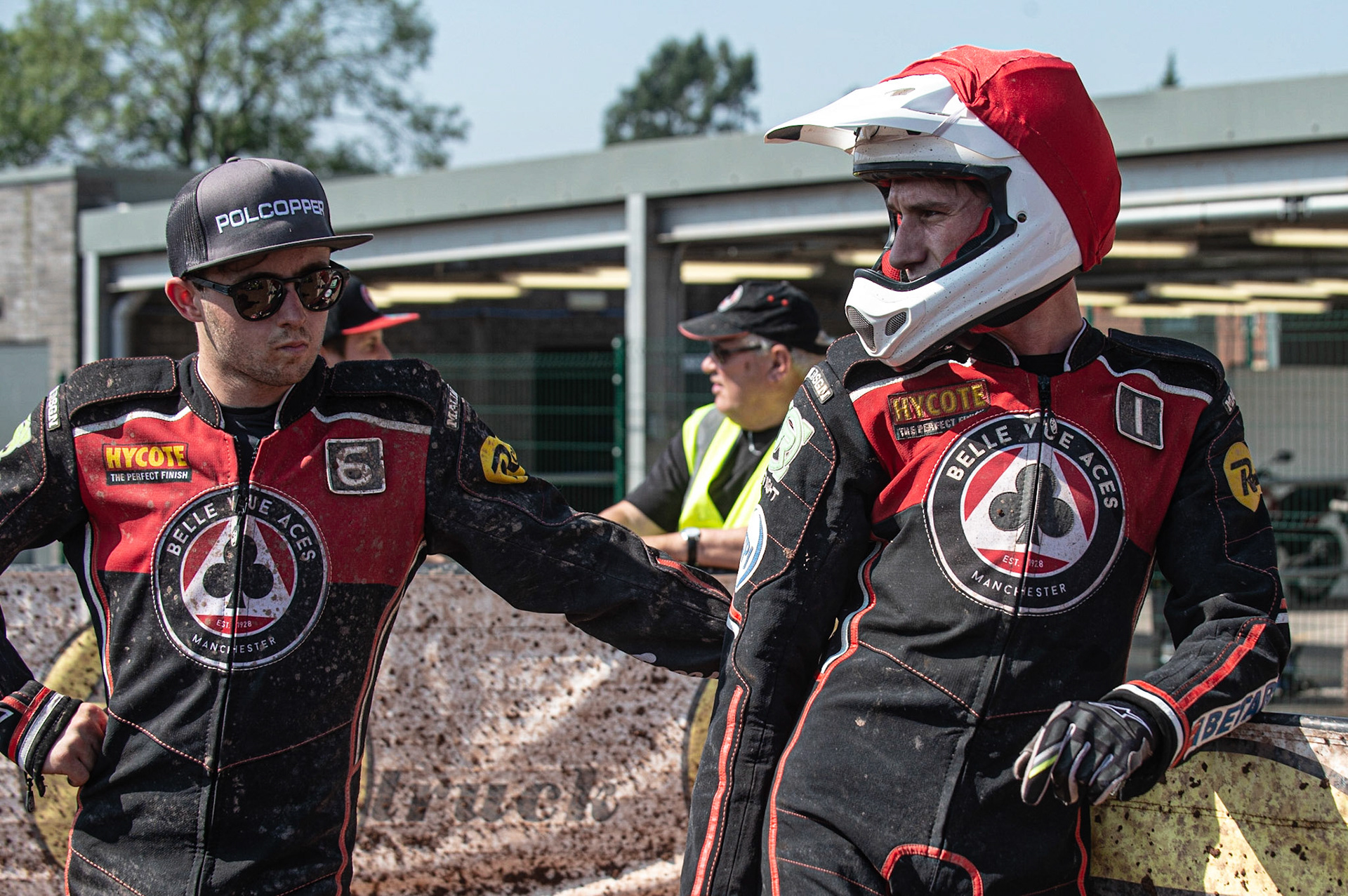 Photo: Ian Charles

Max Fricke  (tight) chats with Jaimon Lidsey 

Belle Vue Aces v Kings Lynn Stars, British Speedway Premiership, Belle Vue National Speedway Stadium, Manchester, Monday 26  August  2019