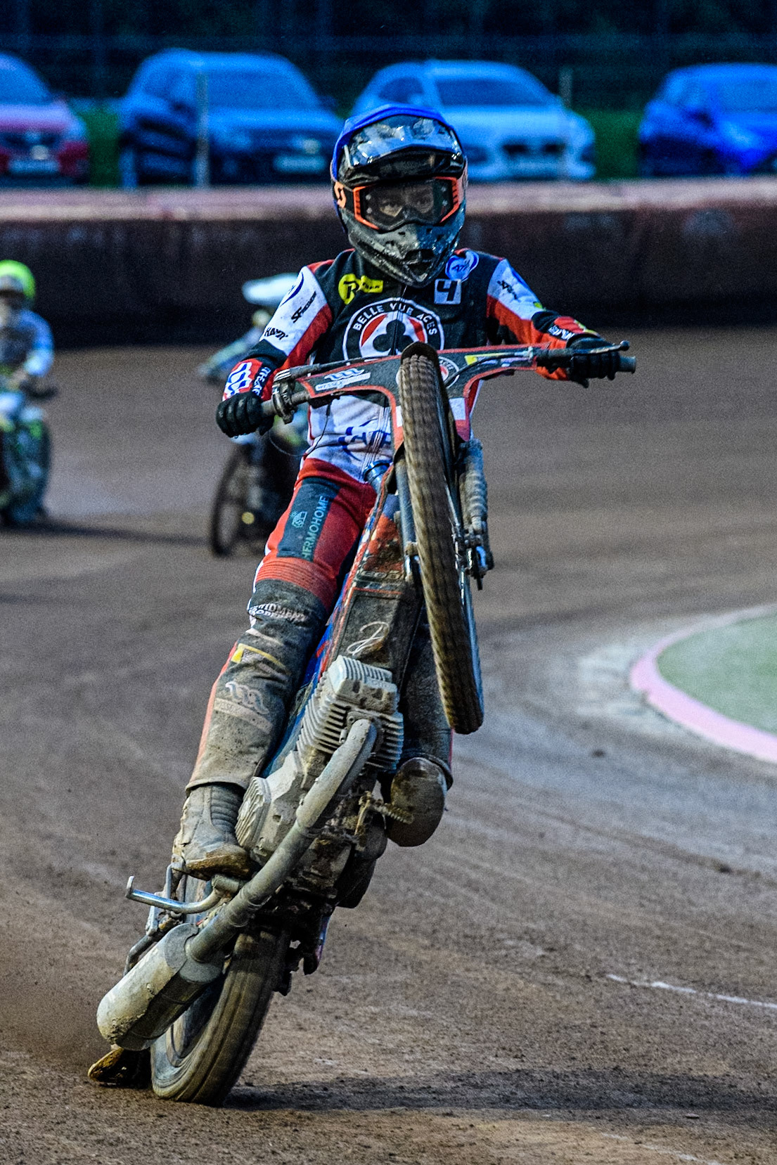 Belle Vue Aces' Ben Cook celebrates with a wheelie during the Rowe Motor Oil Premiership match between Belle Vue Aces and Oxford Spires at the National Speedway Stadium, Manchester on Monday 13th May 2024. (Photo: Ian Charles | MI News)