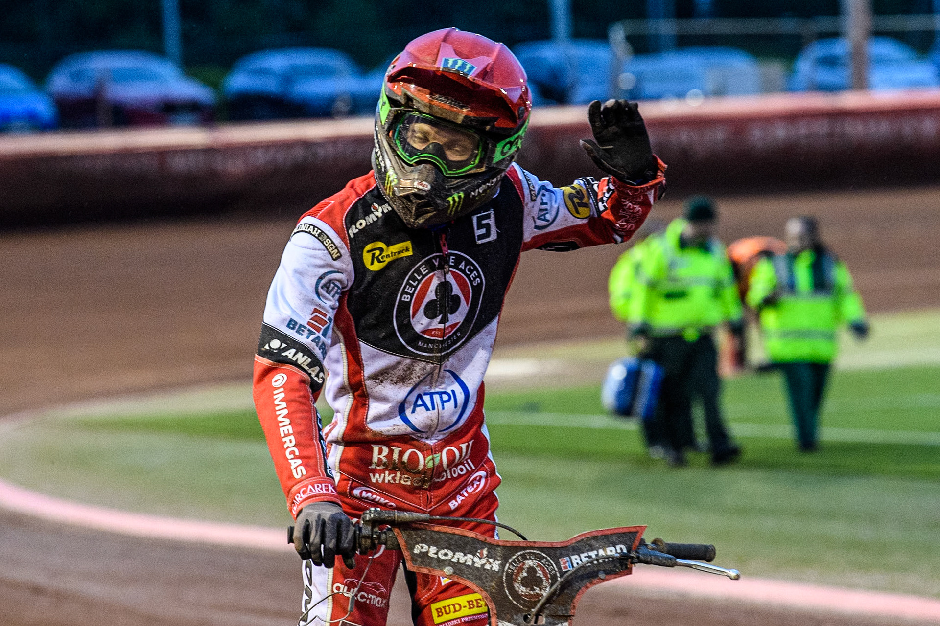 Belle Vue Aces' Dan Bewley waves to the fans after the final heat during the Rowe Motor Oil Premiership match between Belle Vue Aces and Oxford Spires at the National Speedway Stadium, Manchester on Monday 13th May 2024. (Photo: Ian Charles | MI News)