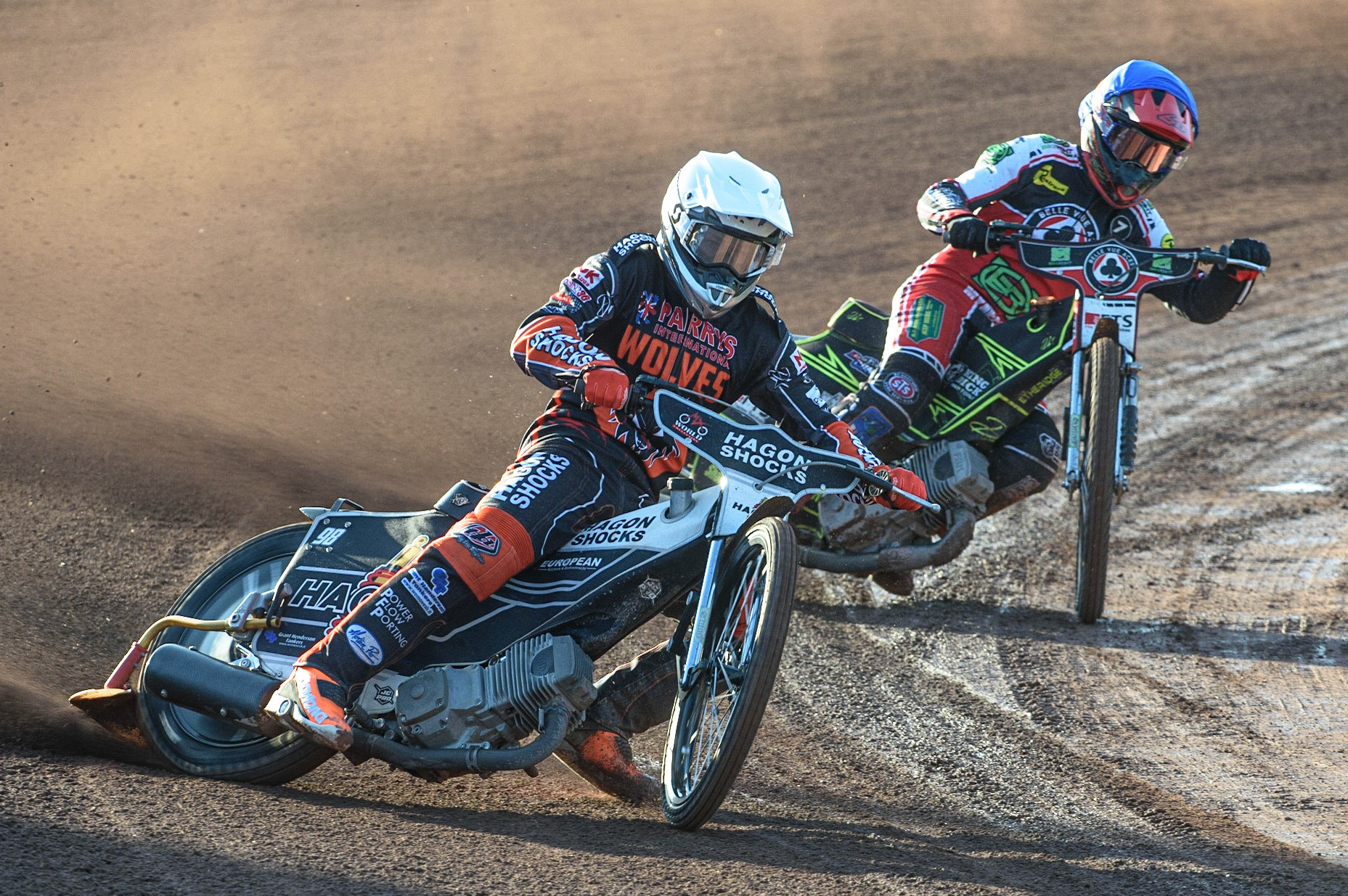 MANCHESTER, UK. JULY 15TH   Broc Nicol (White) leads Jye Etheridge  (Blue) during the SGB Premiership match between Belle Vue Aces and Wolverhampton Wolves at the National Speedway Stadium, Manchester on Thursday 15th July 2021. (Credit: Ian Charles | MI News)