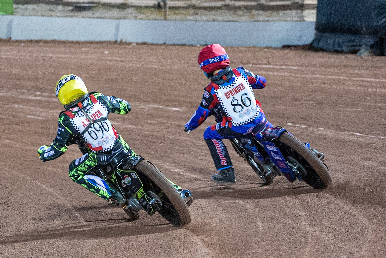 Photo: Ian CharlesAce Pijper (Yellow) inside Sonny Springer (Red) (125cc A Class)British Youth Speedway Championship (Round 5), National Speedway Stadium, Manchester Saturday  10  October  2020