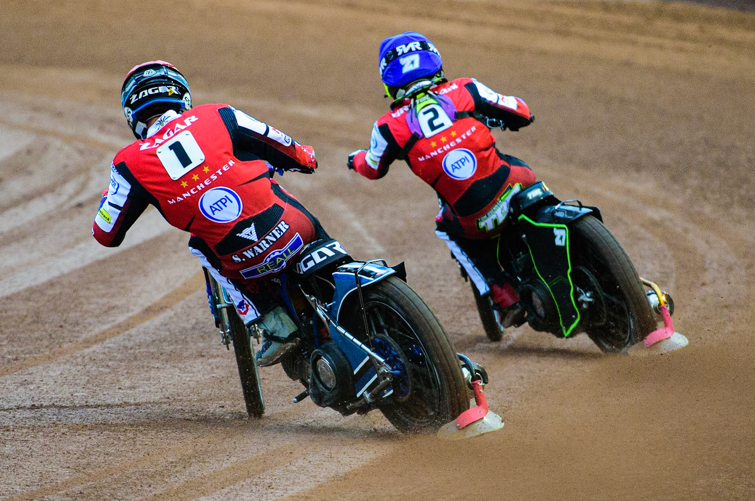 Matej Zagar (Red) chases team mate Tom Brennan (Blue) during the SGB Premiership match between Belle Vue Aces and Peterborough at the National Speedway Stadium, Manchester on Monday 25th July 2022. (Credit: Ian Charles | MI News