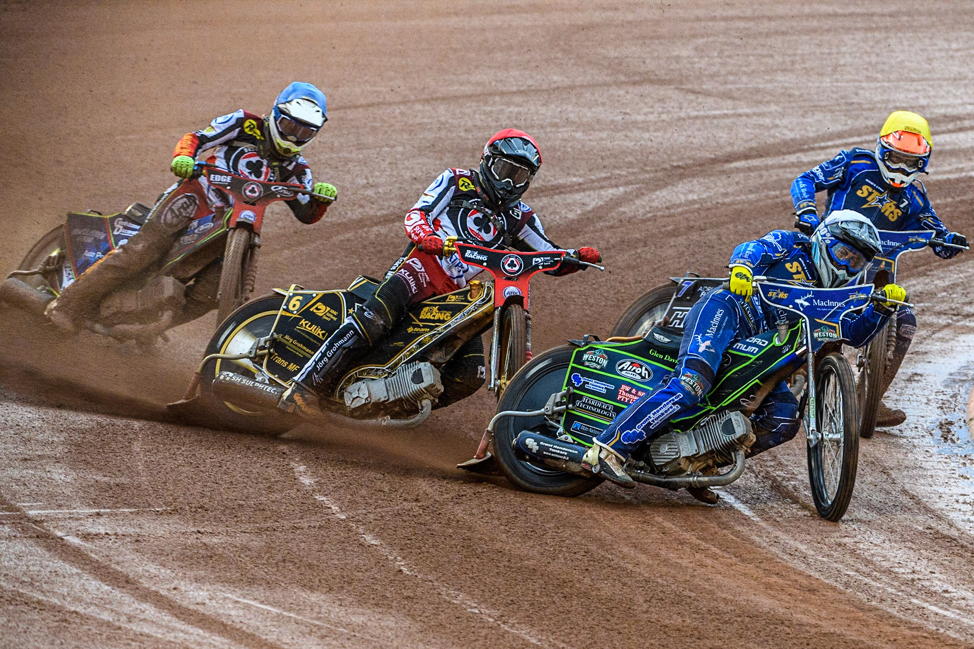 Kye Thomson (White) leads Norick Blodorn (Red) Jason Edwards (Yellow) and Jake Mulford (Blue) during the Sports Insure Premiership match between Belle Vue Aces and King's Lynn Stars at the National Speedway Stadium, Manchester on Monday 12th June 2023. (Photo: Ian Charles | MI News)