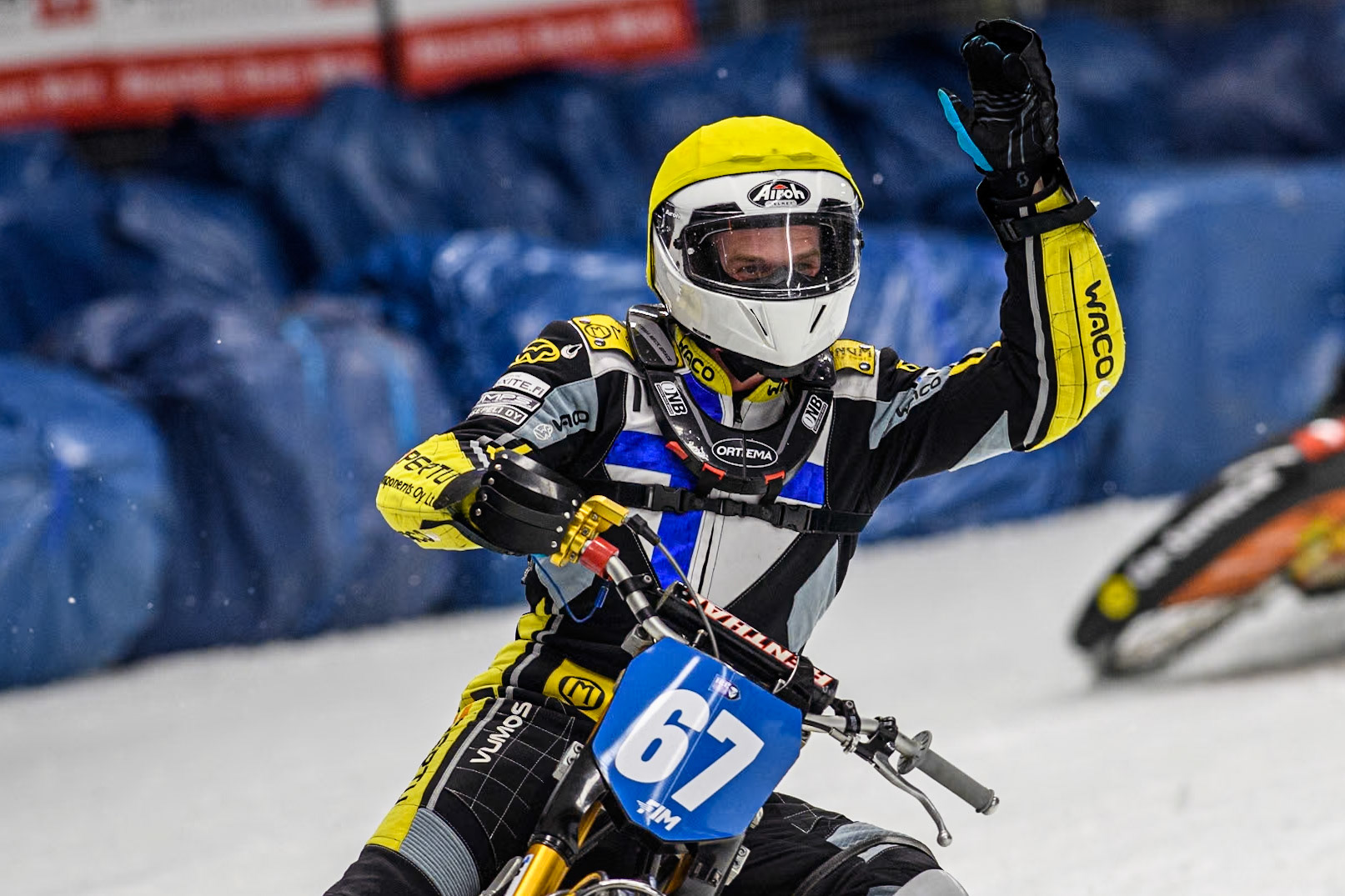 Finland's Heikki Huusko (67) celebrates his heat win during the FIM Ice Speedway Gladiators World Championship Final 1 at the Max-Aicher-Arena, Inzell on Saturday 23 March 2024. (Photo: Ian Charles | MI News)