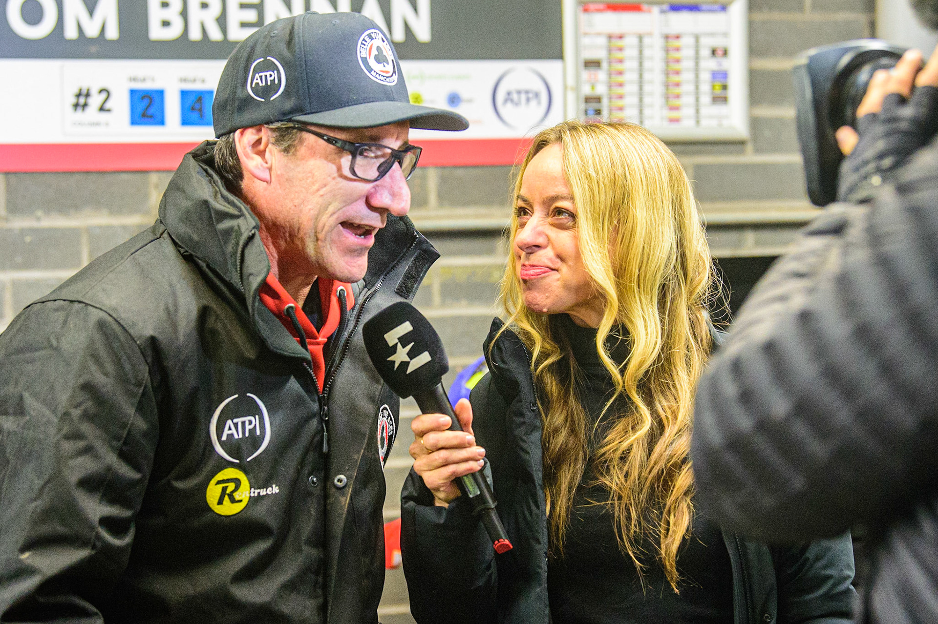Belle Vue ATPI Aces  manager Mark Lemon (left) is interviewed by Eurosport’s Abi Stephens during the SGB Premiership Semi Final 2nd Leg between Belle Vue Aces and Ipswich Witches at the National Speedway Stadium, Manchester on Monday 3rd October 2022. (Credit: Ian Charles | MI News)