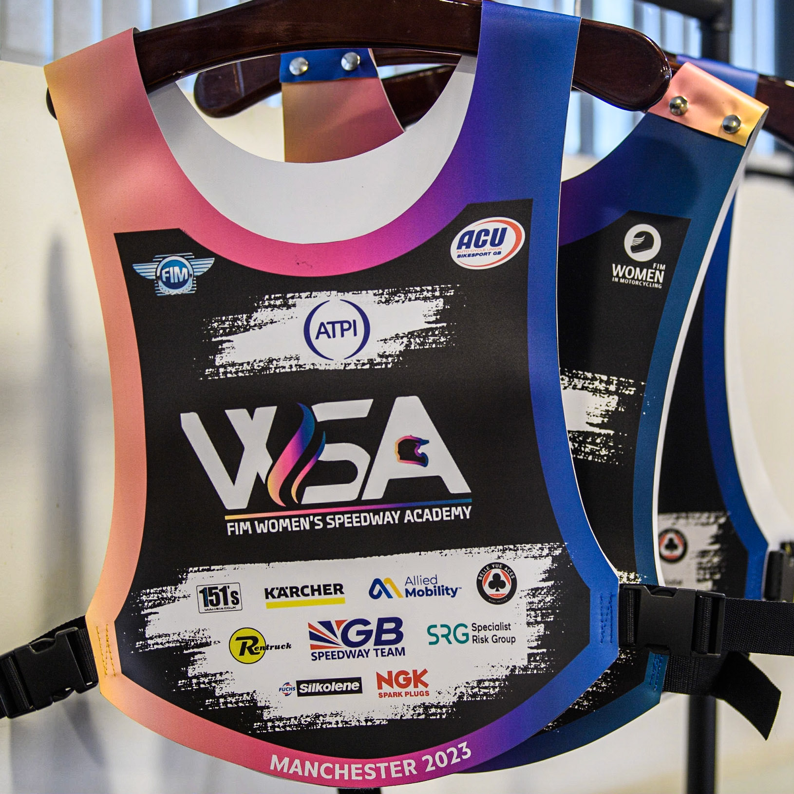 The WSA Race jackets during the FIM Flat Track World Championship &amp; FIM Women's Speedway Academy Launch at the National Speedway Stadium, Manchester on Monday 3rd July 2023. (Photo: Ian Charles | MI News)