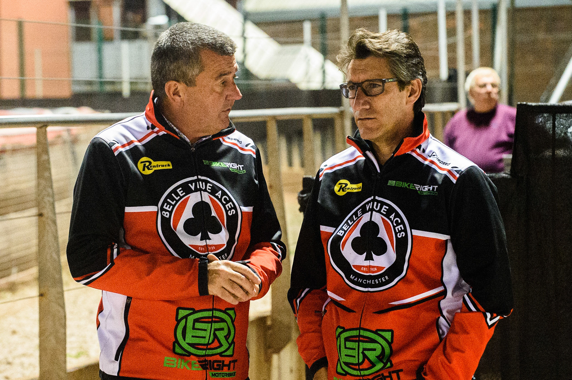 MANCHESTER, SEPT 3RD. Belle Vue CEO Adrian Smith (left) with Belle Vue Director of Speedway Mark Lemon during the National Development League match between Belle Vue Aces and Mildenhall Fens Tigers at the National Speedway Stadium, Manchester on Friday 3rd September 2021. (Credit: Ian Charles | MI News)