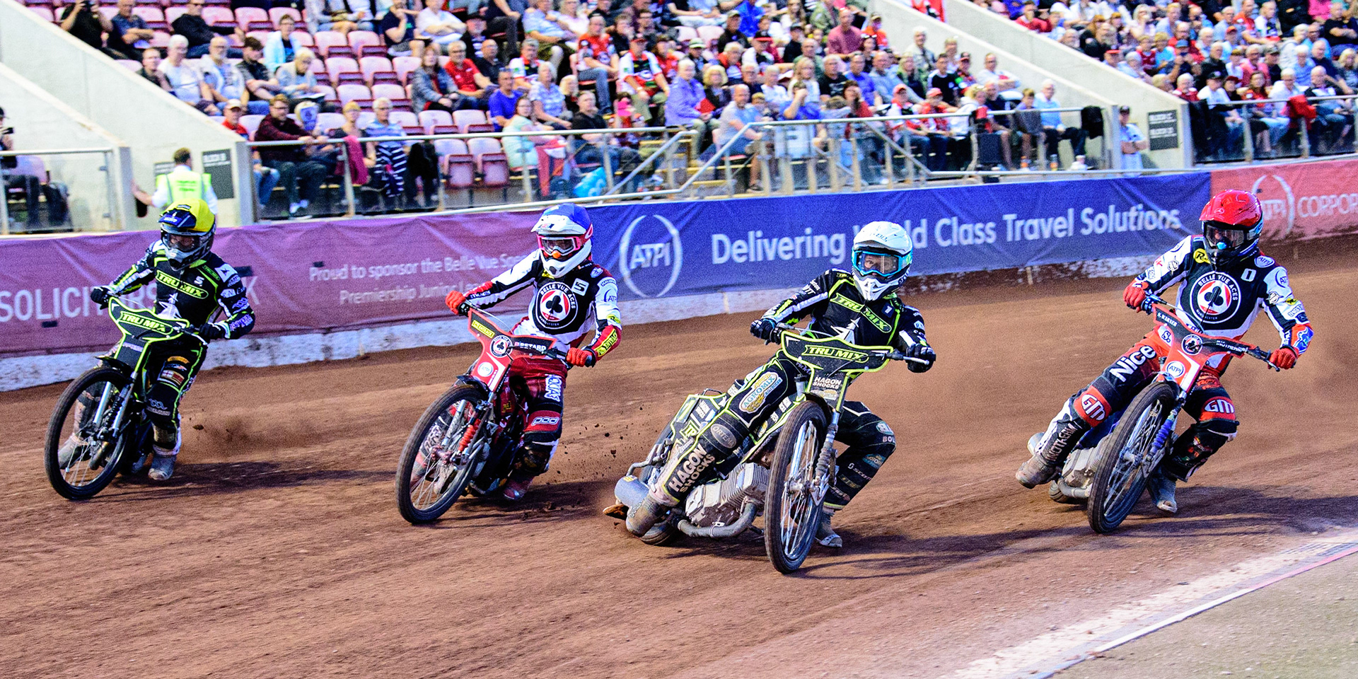 (l - r) Troy Batchelor  (Yellow), Max Fricke  (Blue), Jason Doyle  (White) and Matej Zagar  (Red) during the SGB Premiership match between Belle Vue Aces and Ipswich Witches at the National Speedway Stadium, Manchester on Monday 8th August 2022. (Credit: Ian Charles | MI News)