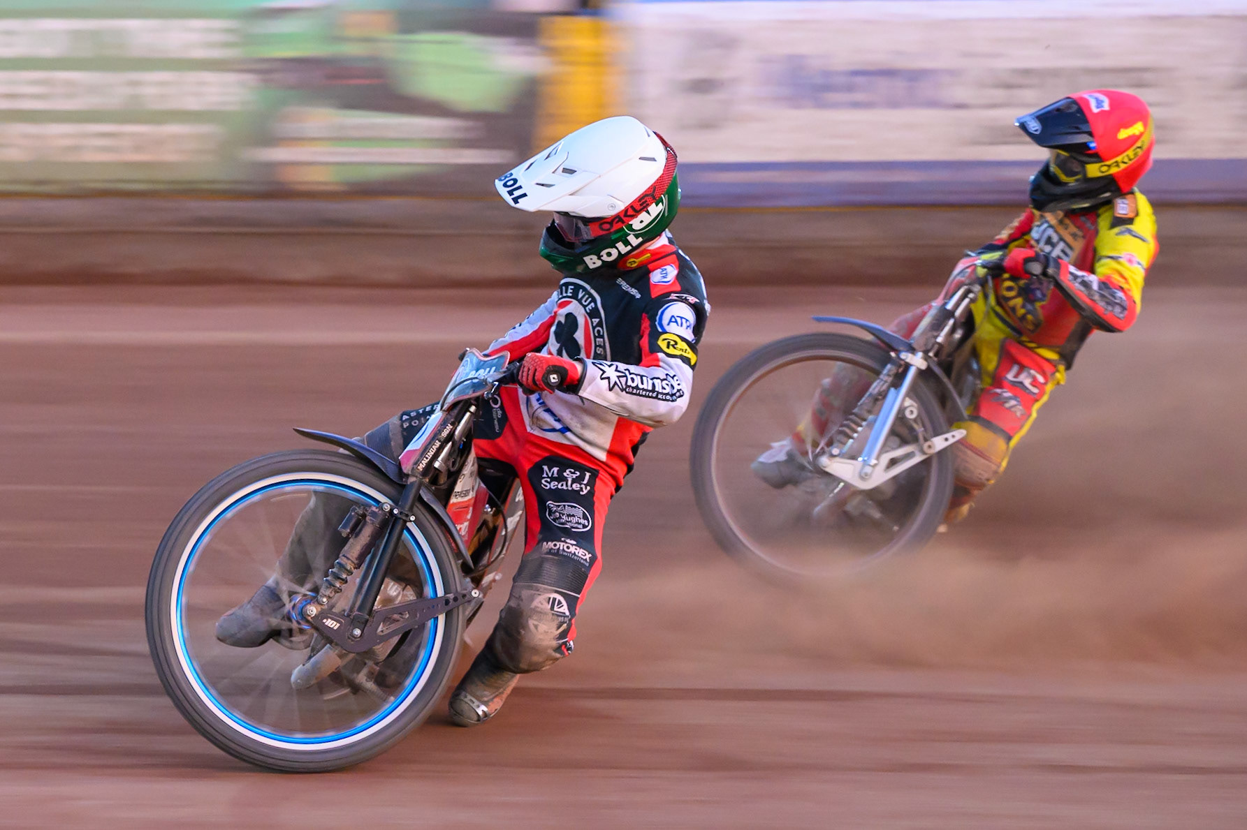 Brady Kurtz of Belle Vue Aces in White leading Ryan Douglas of Leicester Lions in Red during the Rowe Motor Oil Premiership match between Leicester Lions and Belle Vue Aces at the Hydroscan Arena, Leicester on Thursday 23rd July 2026. (Photo: Ian Charles | MI News)